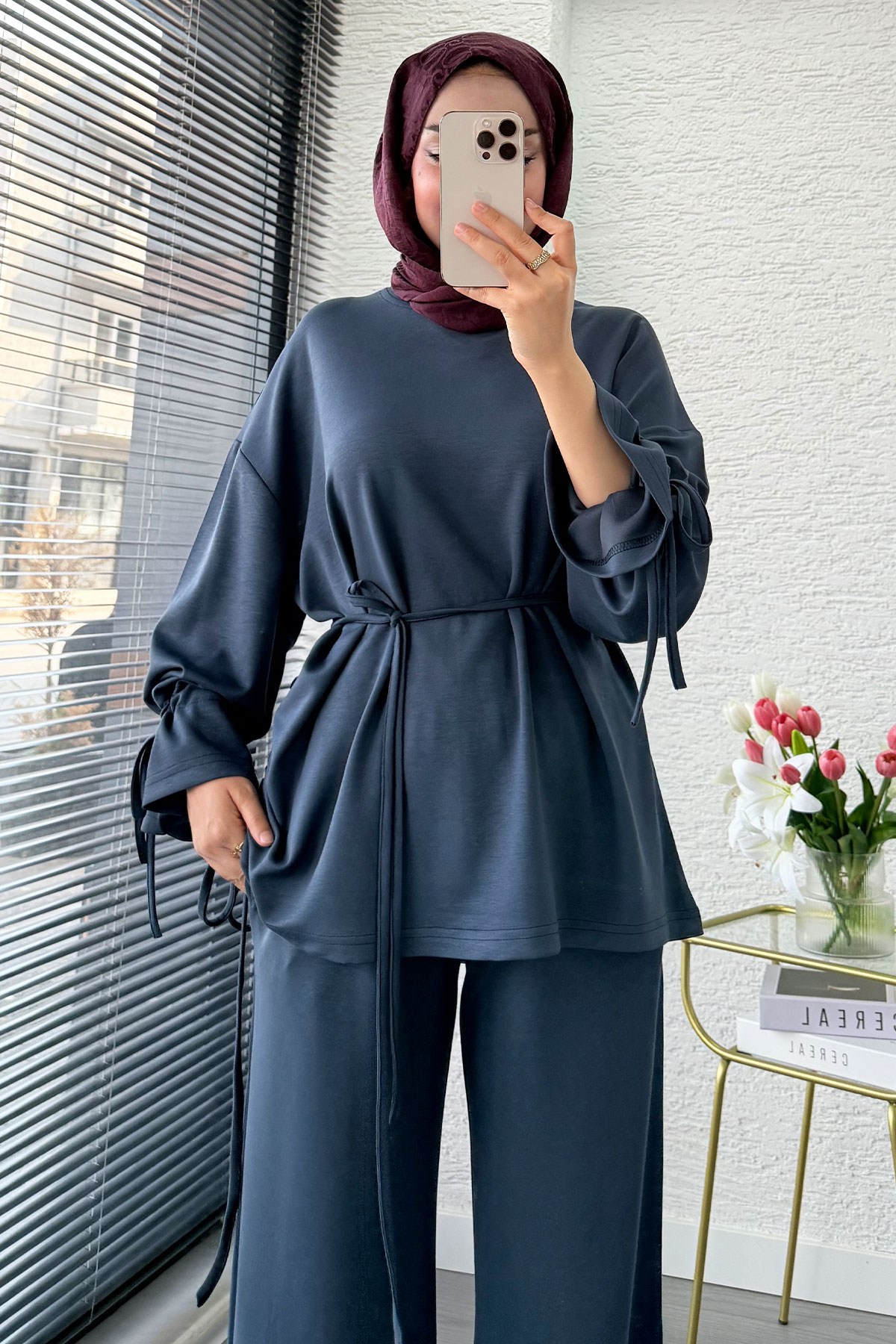Premium Büzgü Detaylı Double Face Pantolon Takım - Antrasit