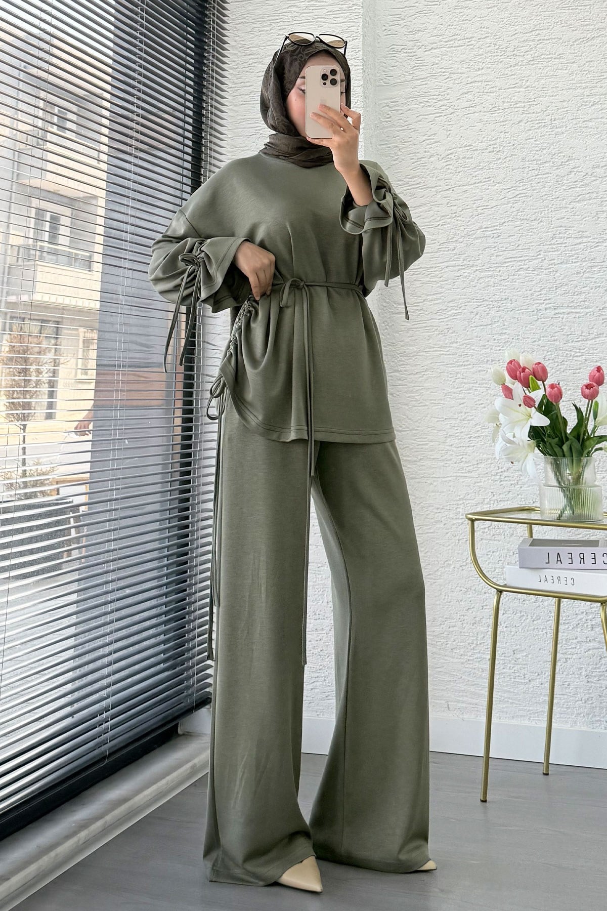 Premium Büzgü Detaylı Double Face Pantolon Takım - Haki