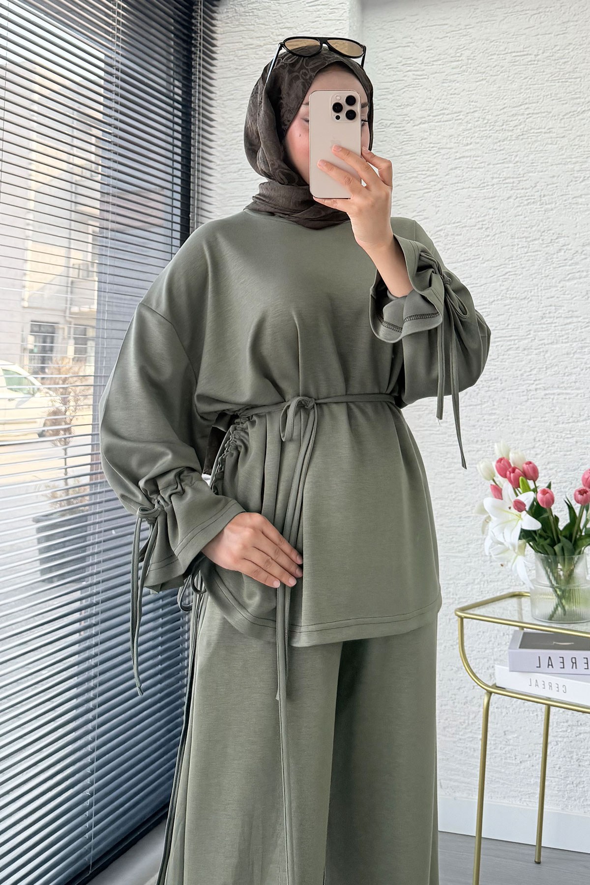 Premium Büzgü Detaylı Double Face Pantolon Takım - Haki