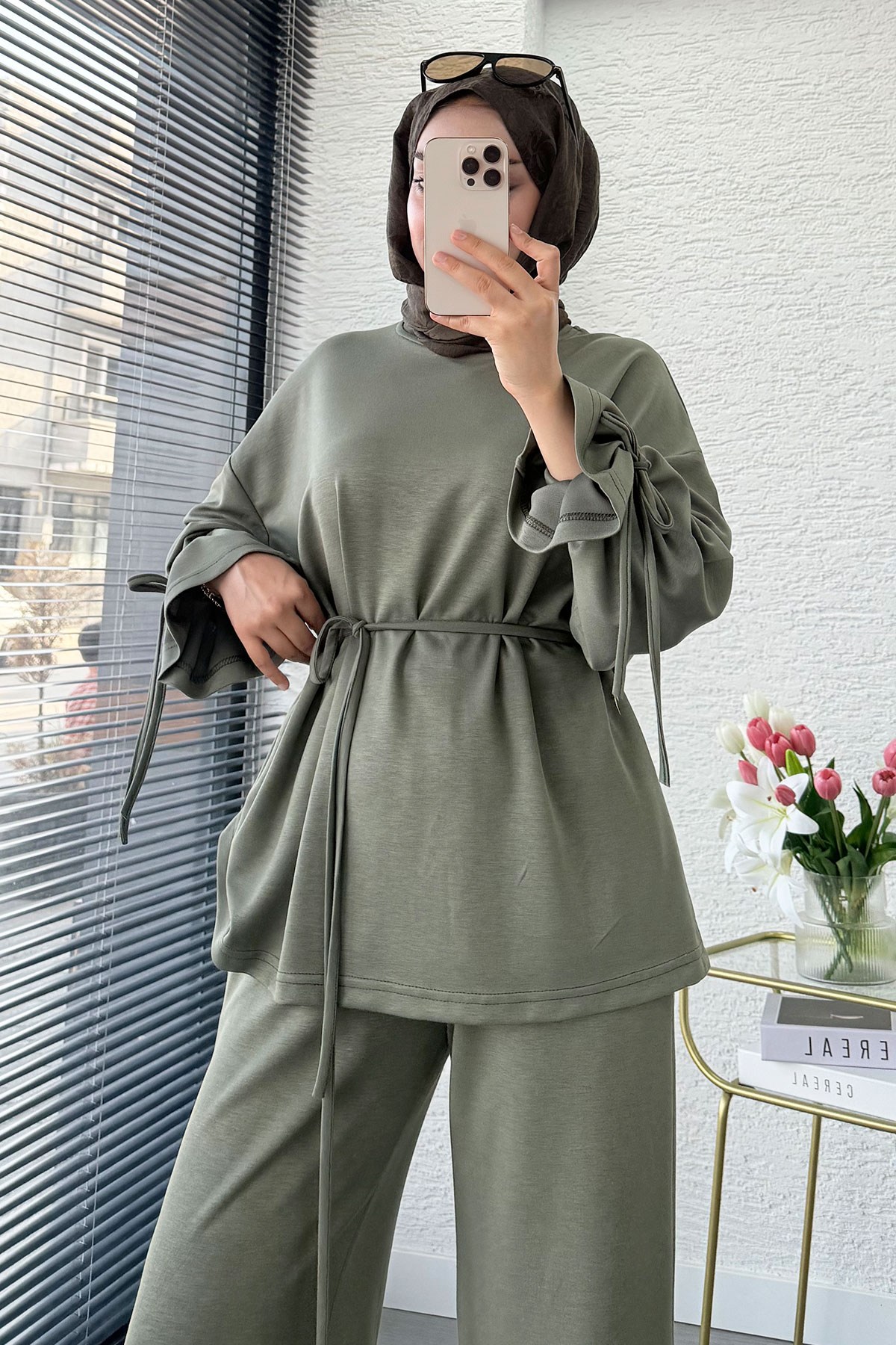 Premium Büzgü Detaylı Double Face Pantolon Takım - Haki