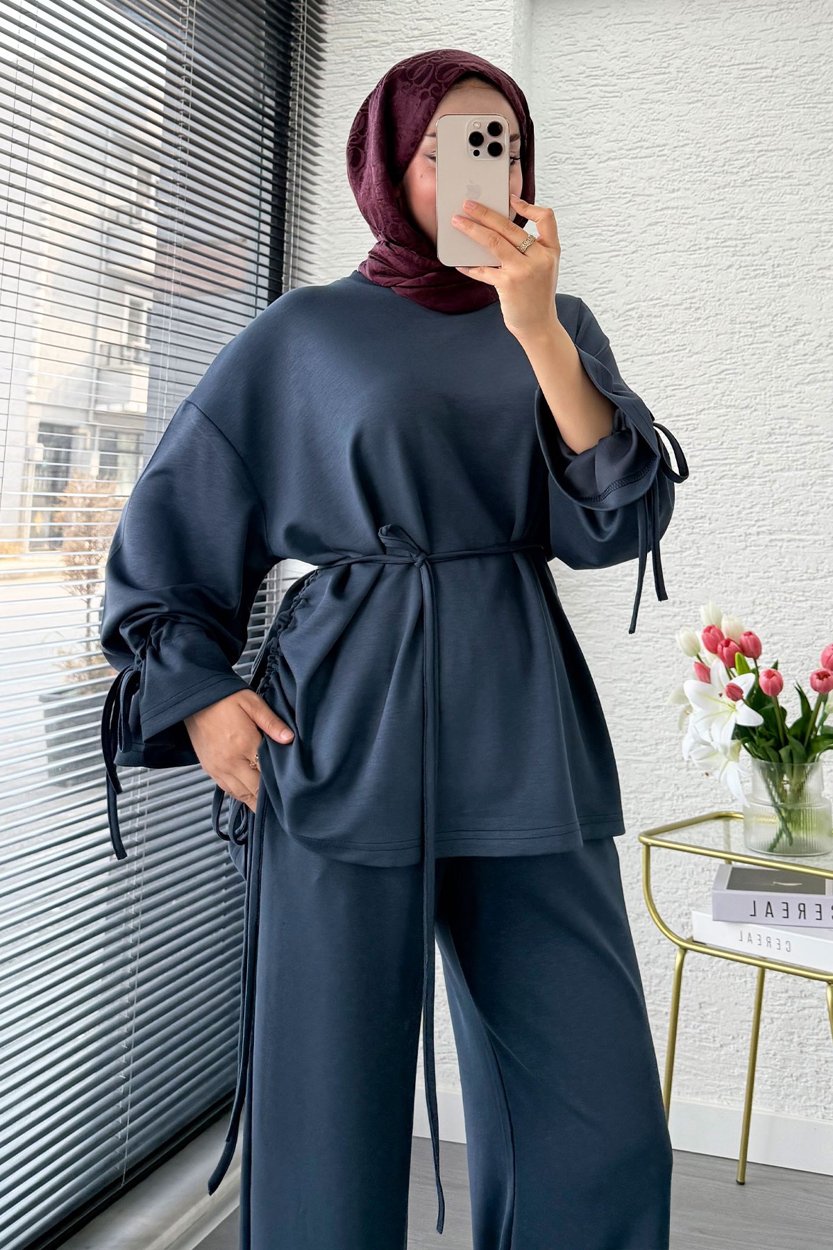 Premium Büzgü Detaylı Double Face Pantolon Takım - Antrasit