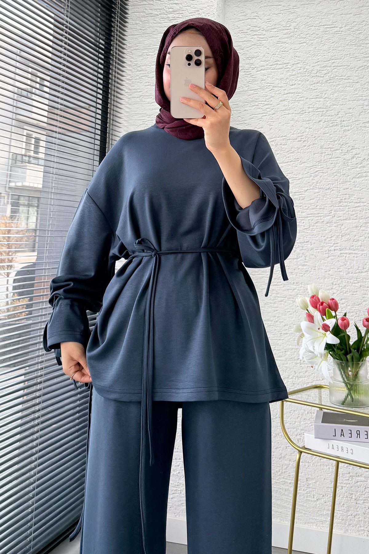 Premium Büzgü Detaylı Double Face Pantolon Takım - Antrasit