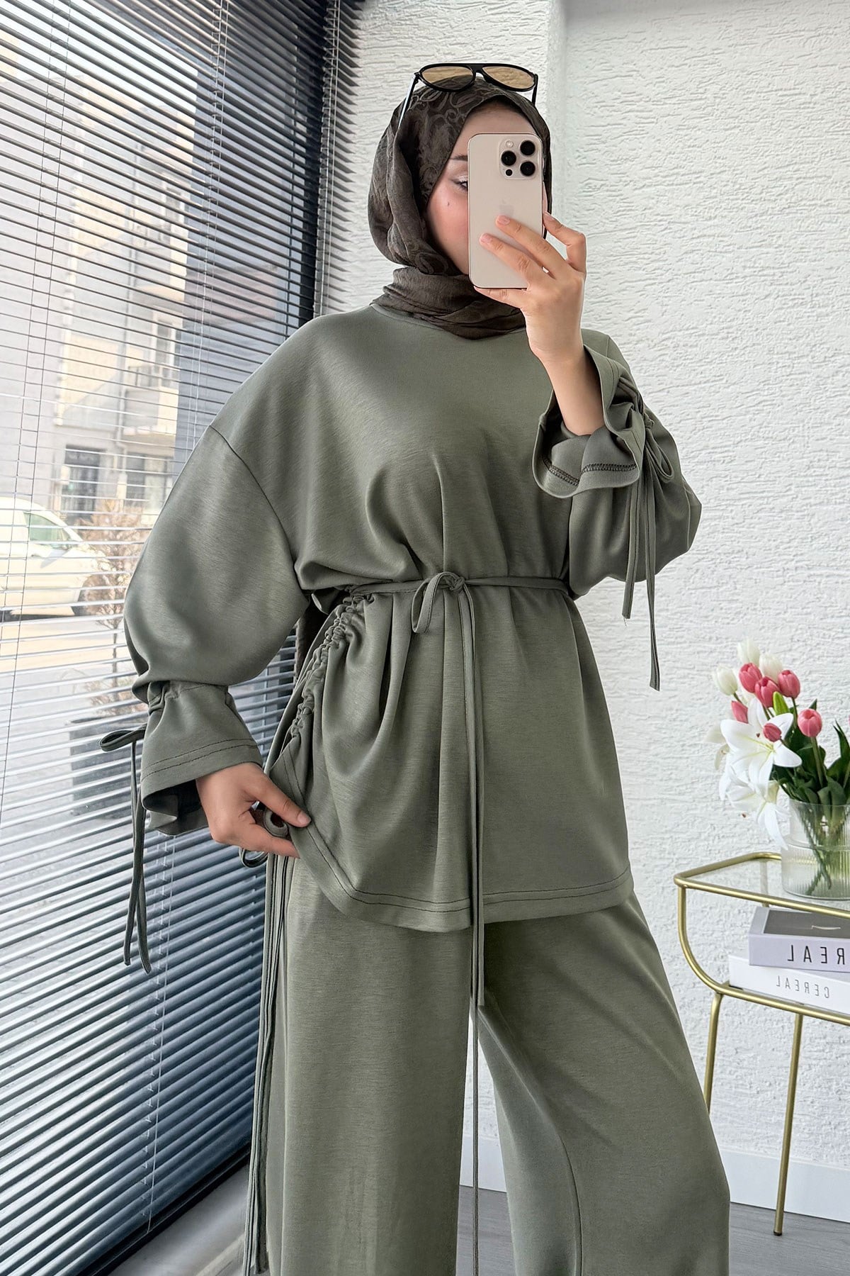 Premium Büzgü Detaylı Double Face Pantolon Takım - Haki