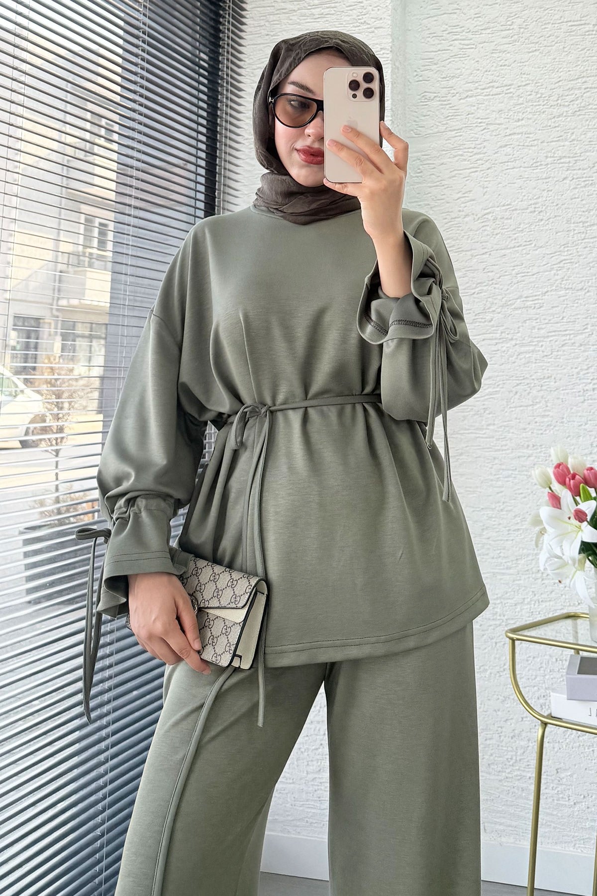 Premium Büzgü Detaylı Double Face Pantolon Takım - Haki