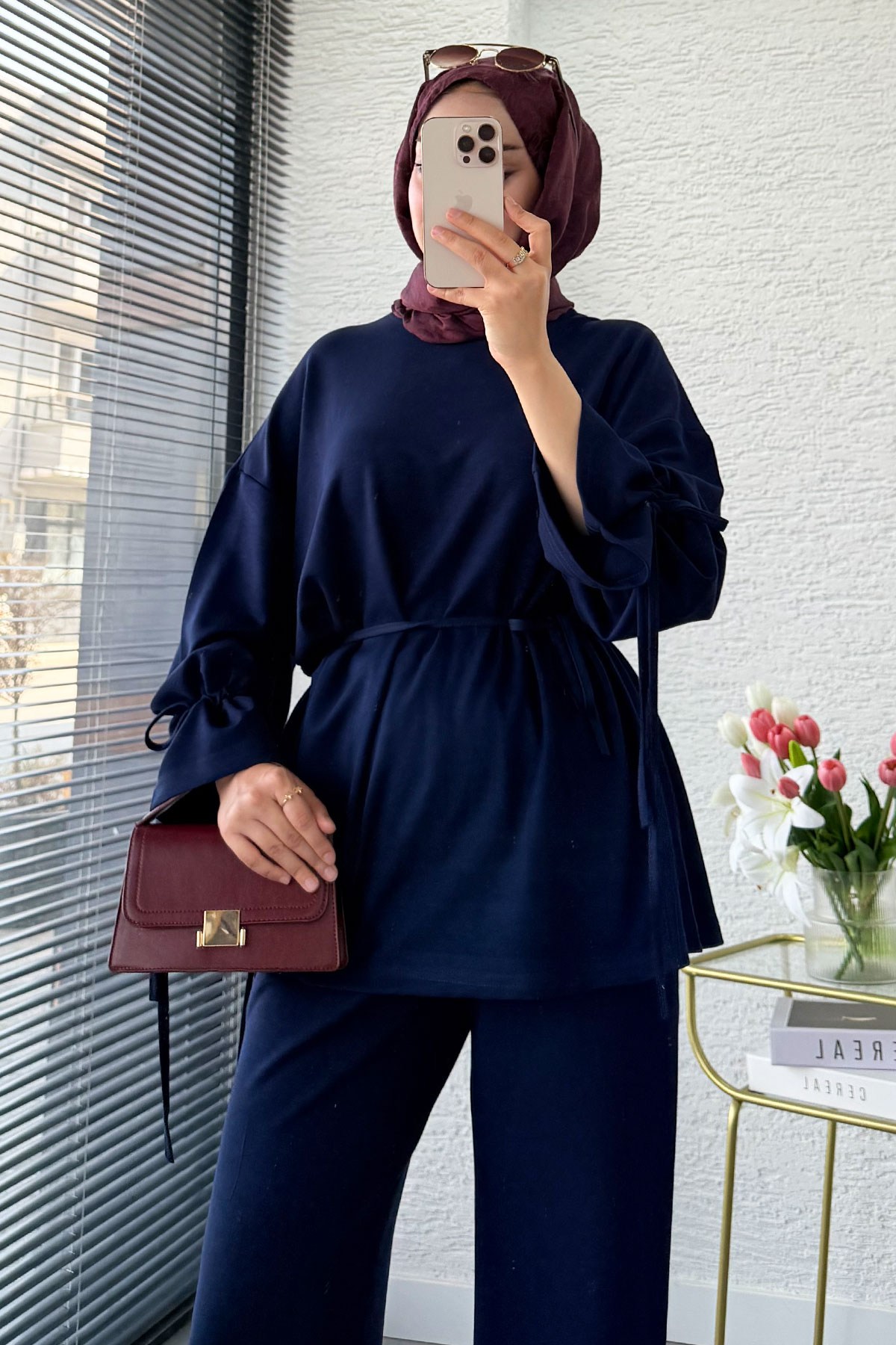 Premium Büzgü Detaylı Double Face Pantolon Takım - Lacivert