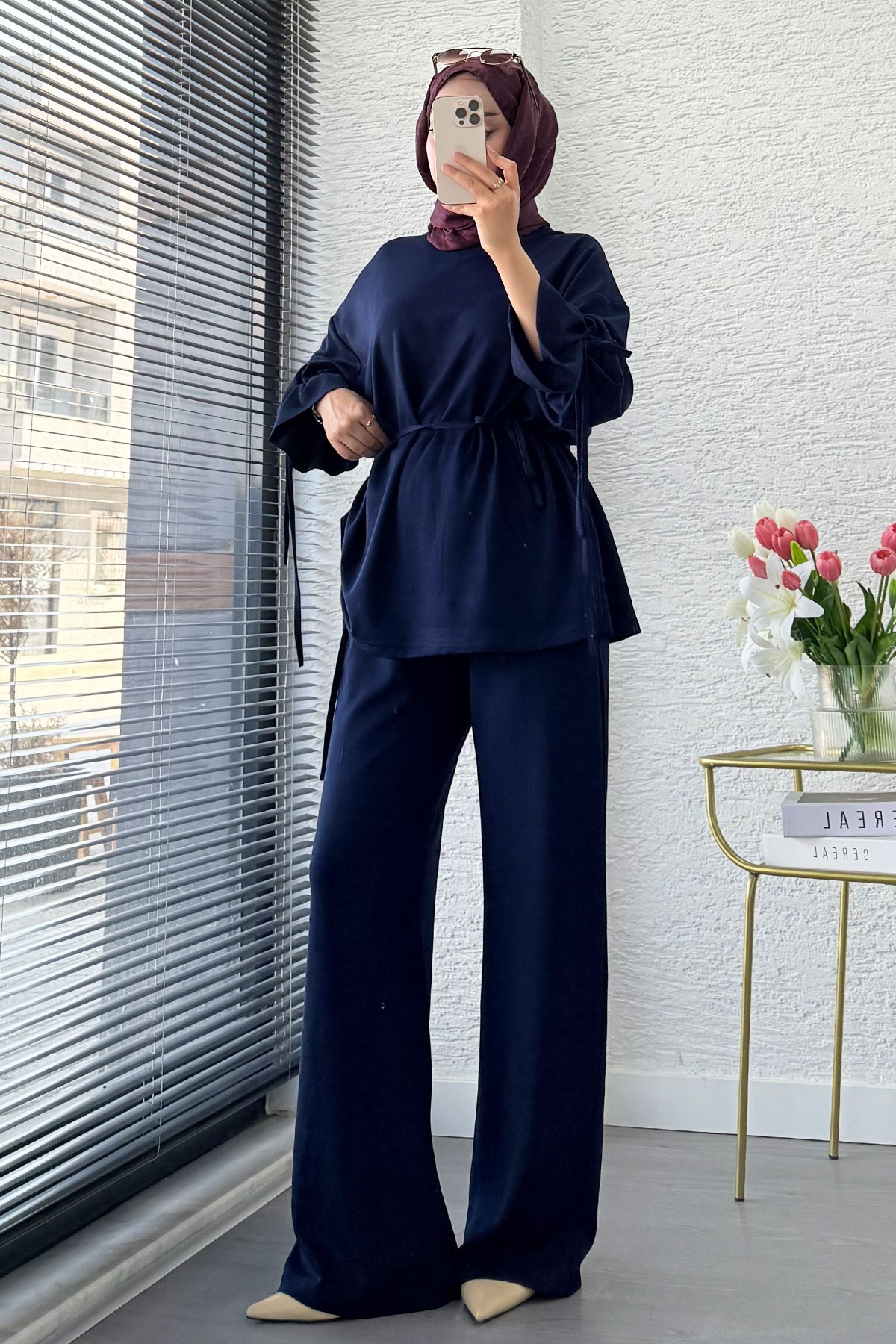 Premium Büzgü Detaylı Double Face Pantolon Takım - Lacivert