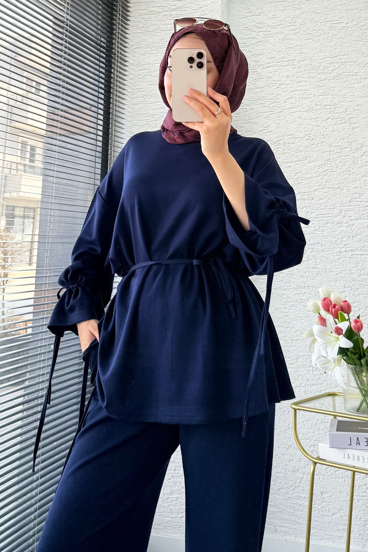 Premium Büzgü Detaylı Double Face Pantolon Takım - Lacivert