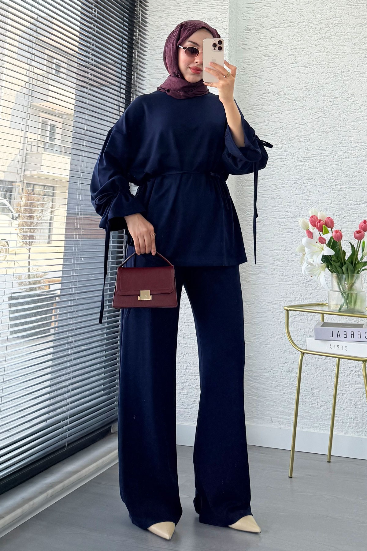 Premium Büzgü Detaylı Double Face Pantolon Takım - Lacivert