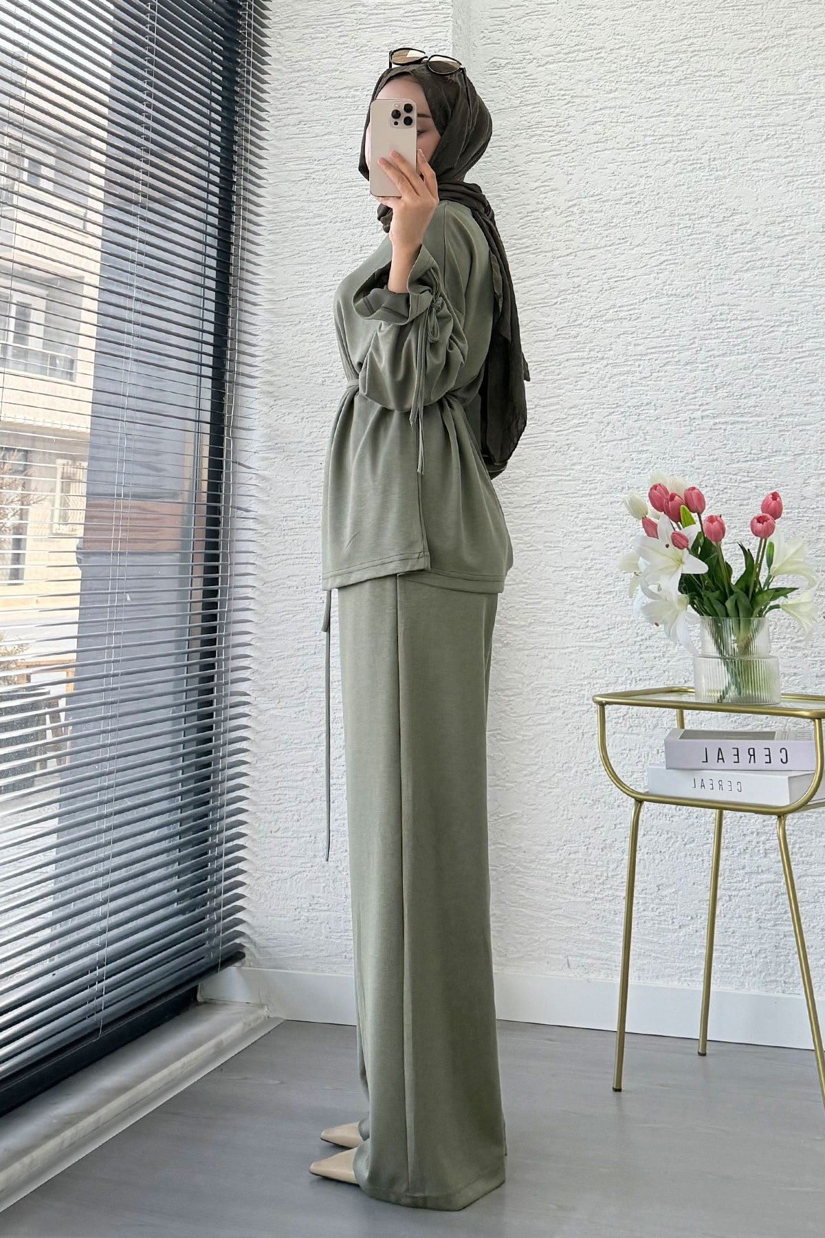 Premium Büzgü Detaylı Double Face Pantolon Takım - Haki