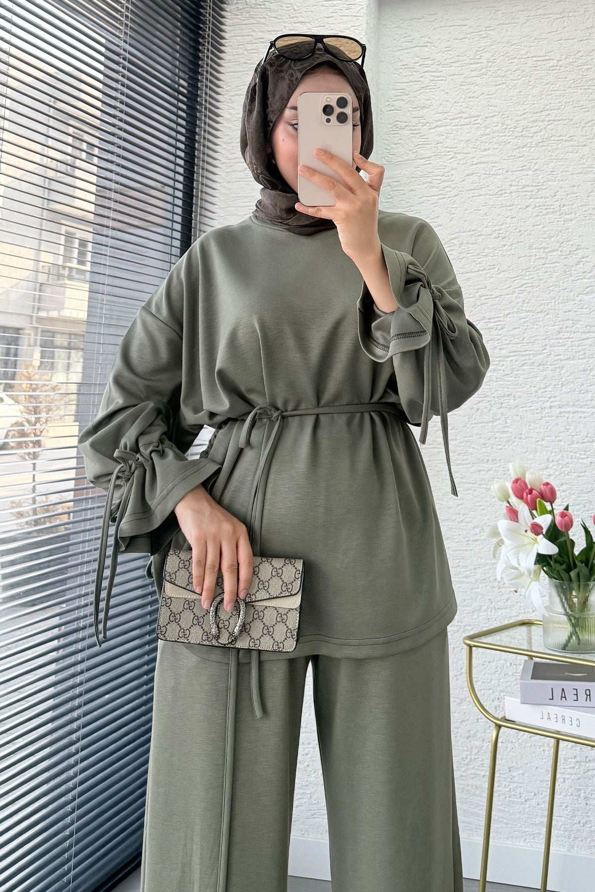 Premium Büzgü Detaylı Double Face Pantolon Takım - Haki