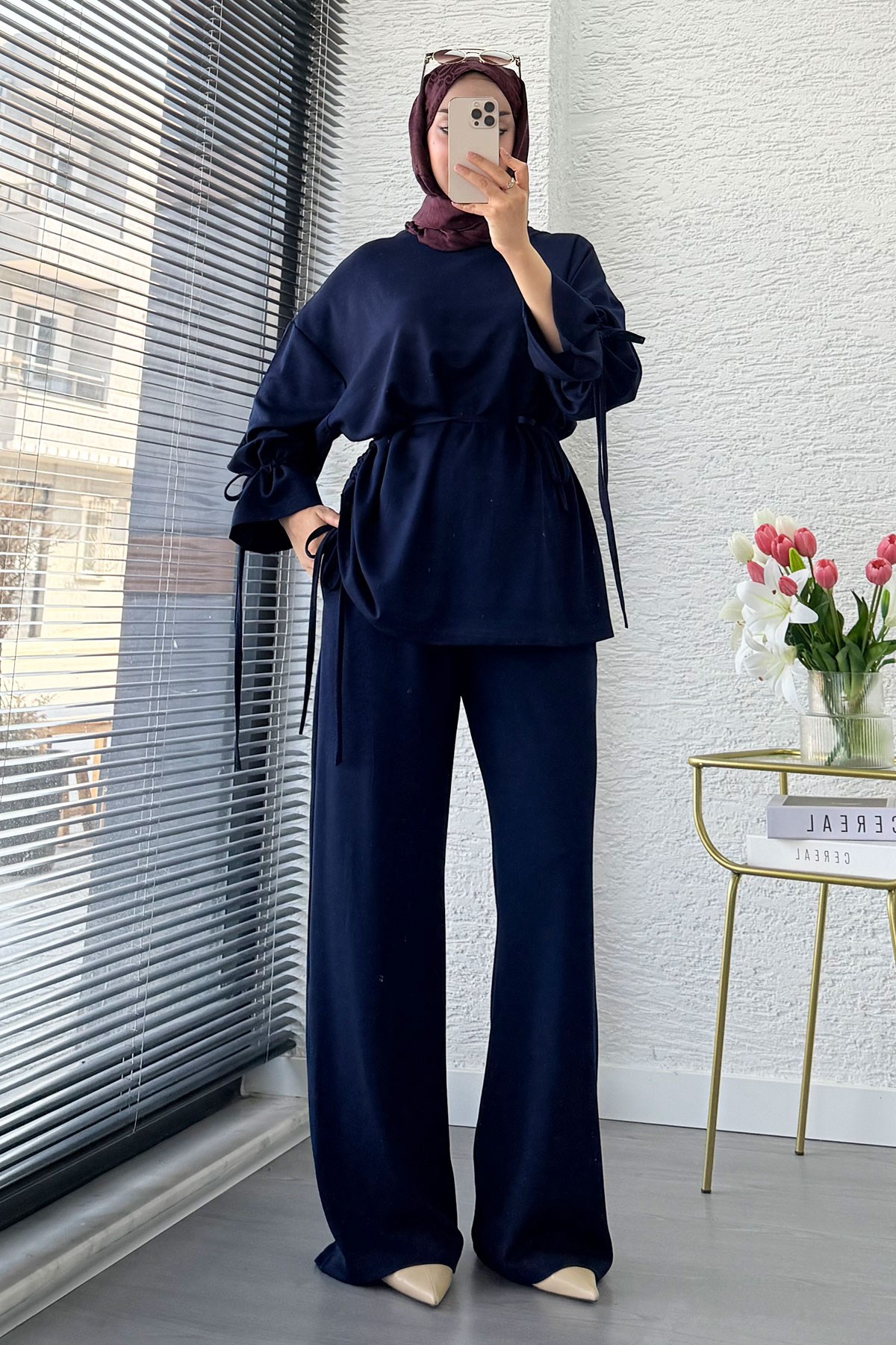Premium Büzgü Detaylı Double Face Pantolon Takım - Lacivert
