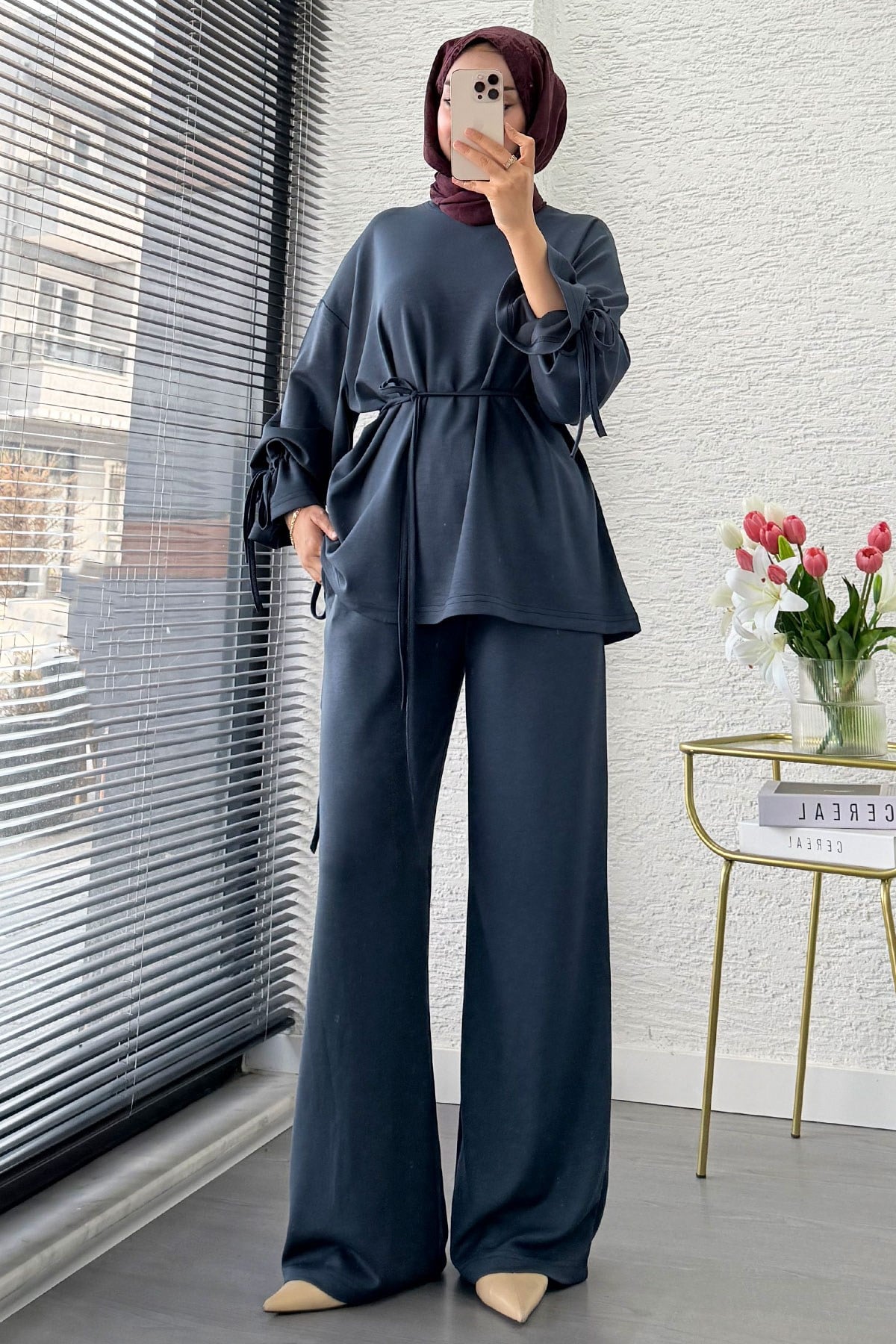 Premium Büzgü Detaylı Double Face Pantolon Takım - Antrasit