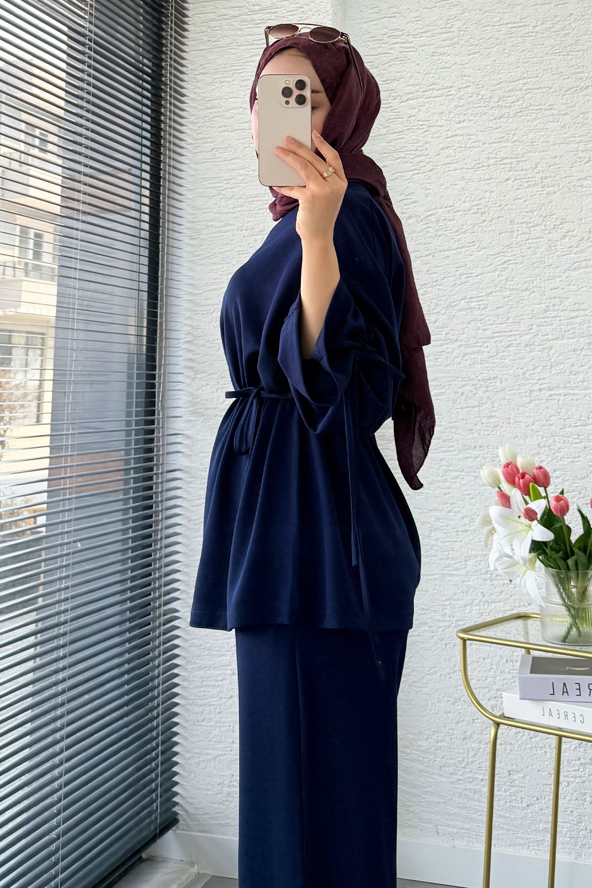 Premium Büzgü Detaylı Double Face Pantolon Takım - Lacivert