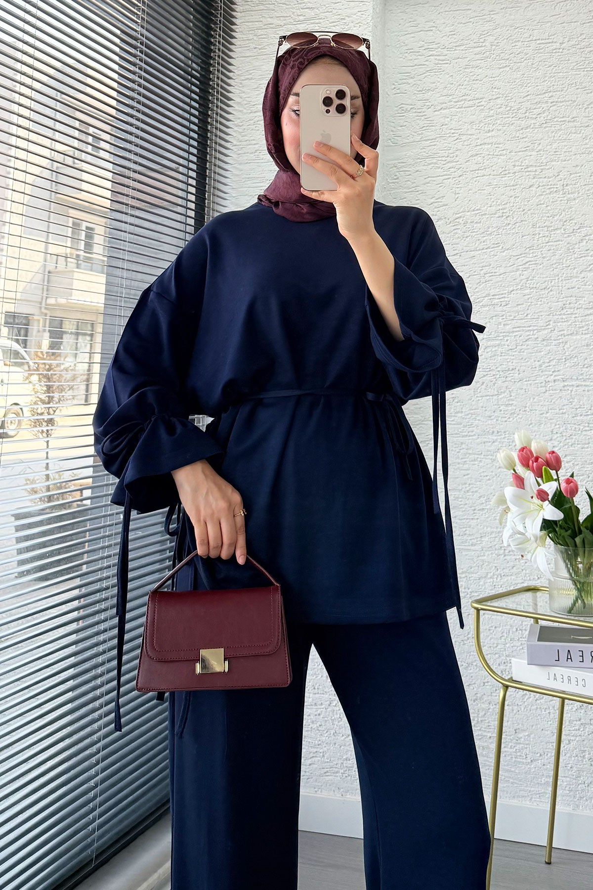 Premium Büzgü Detaylı Double Face Pantolon Takım - Lacivert