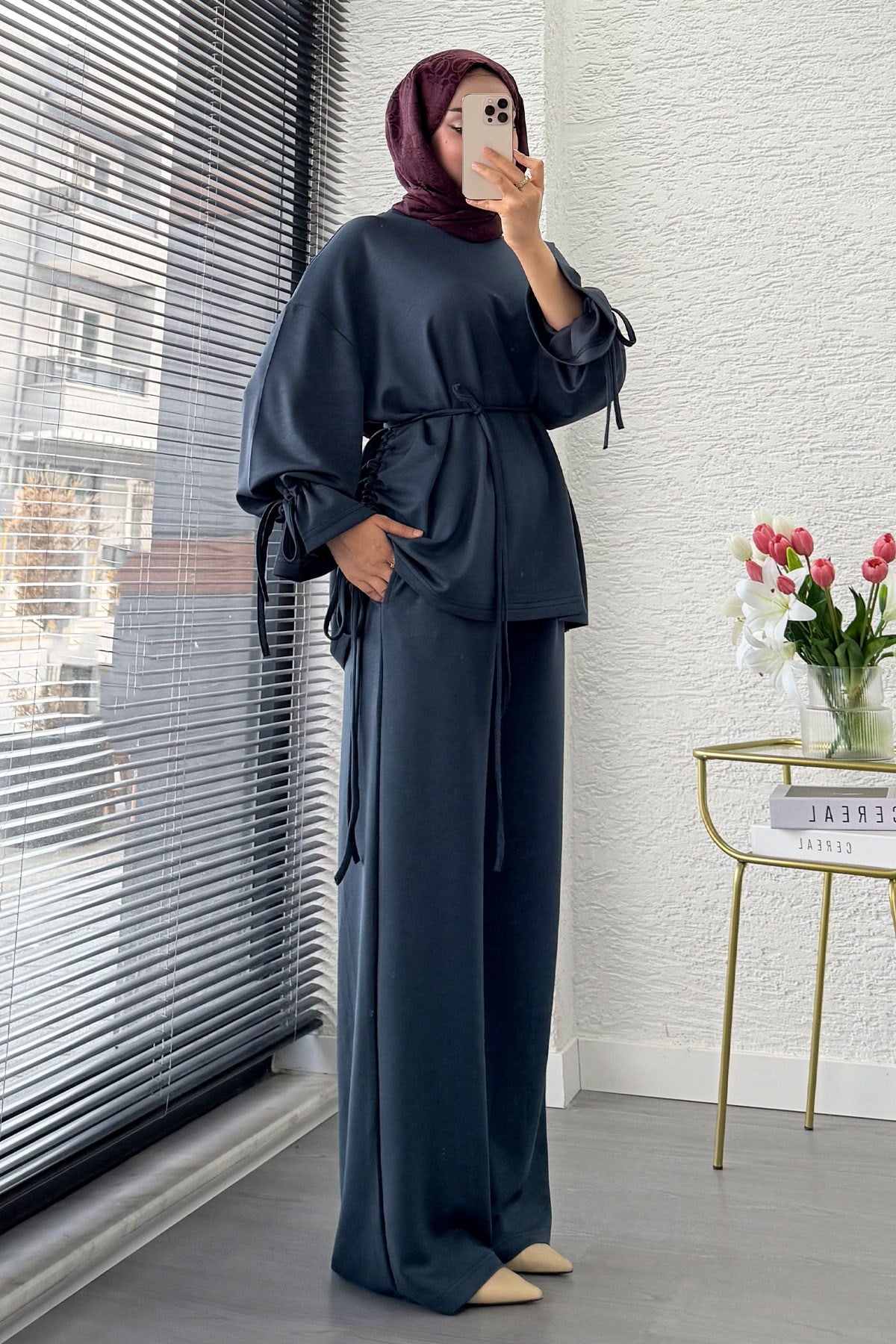 Premium Büzgü Detaylı Double Face Pantolon Takım - Antrasit