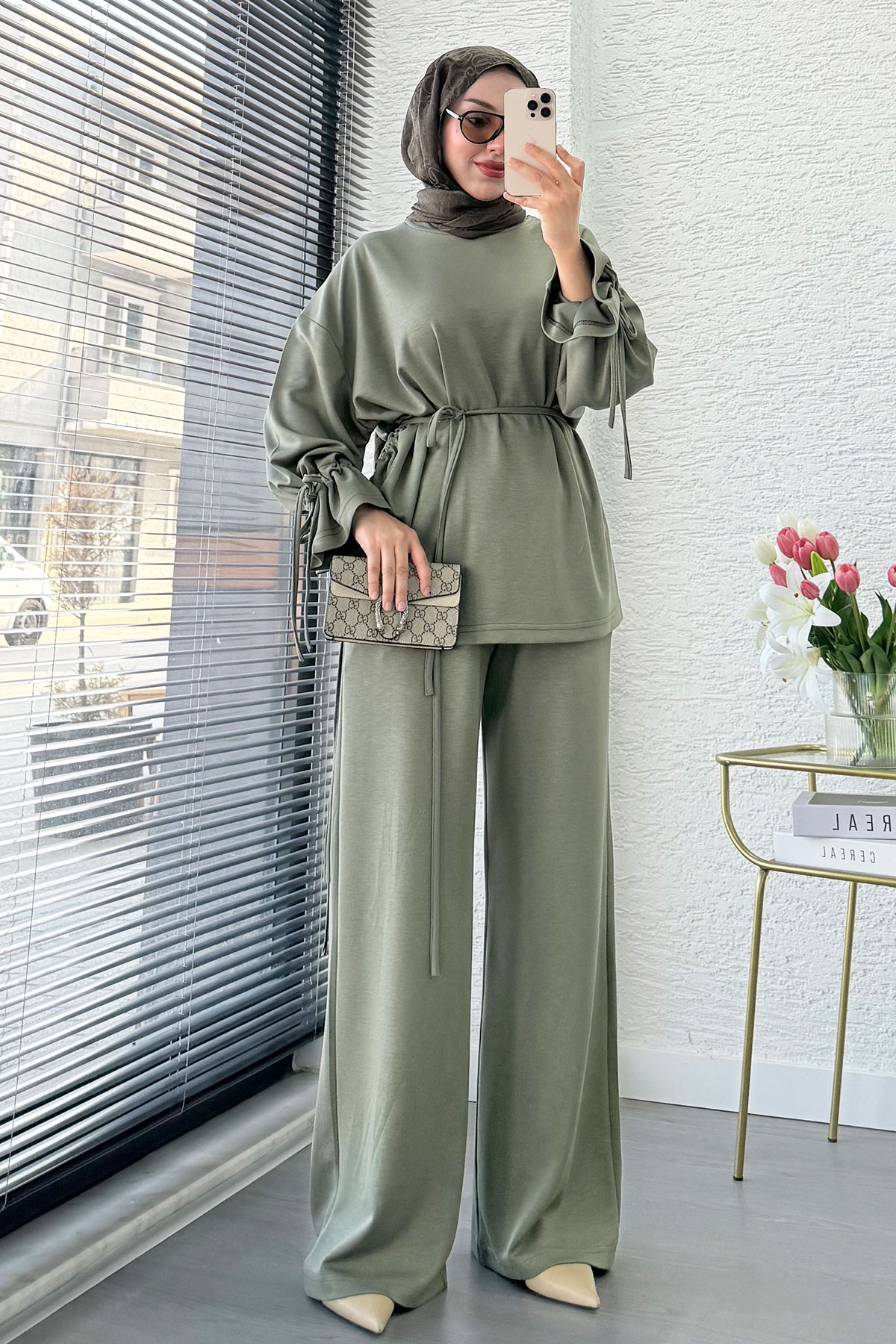 Premium Büzgü Detaylı Double Face Pantolon Takım - Haki