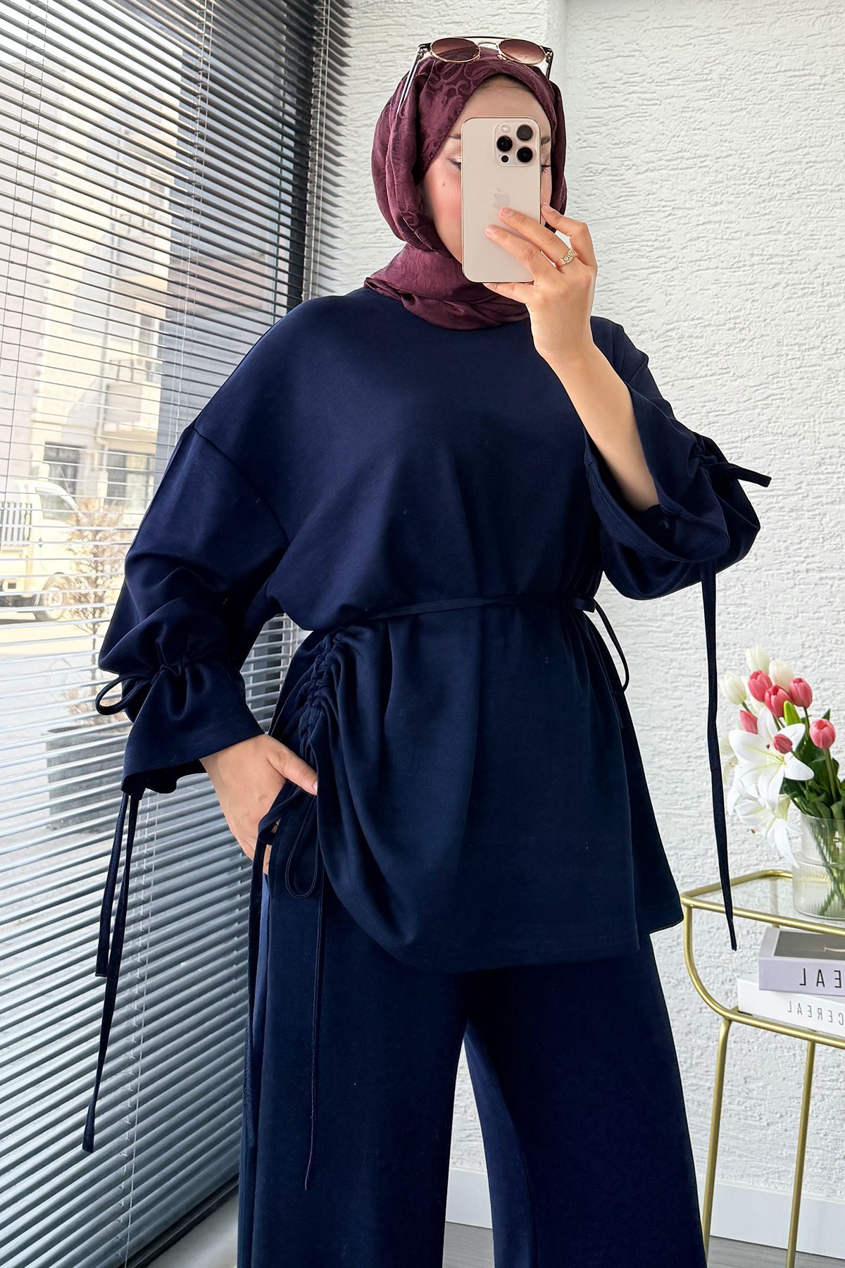 Premium Büzgü Detaylı Double Face Pantolon Takım - Lacivert