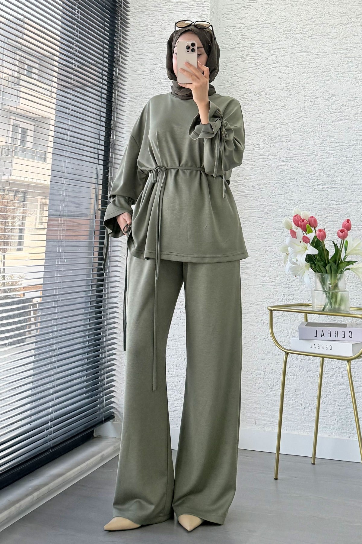 Premium Büzgü Detaylı Double Face Pantolon Takım - Haki