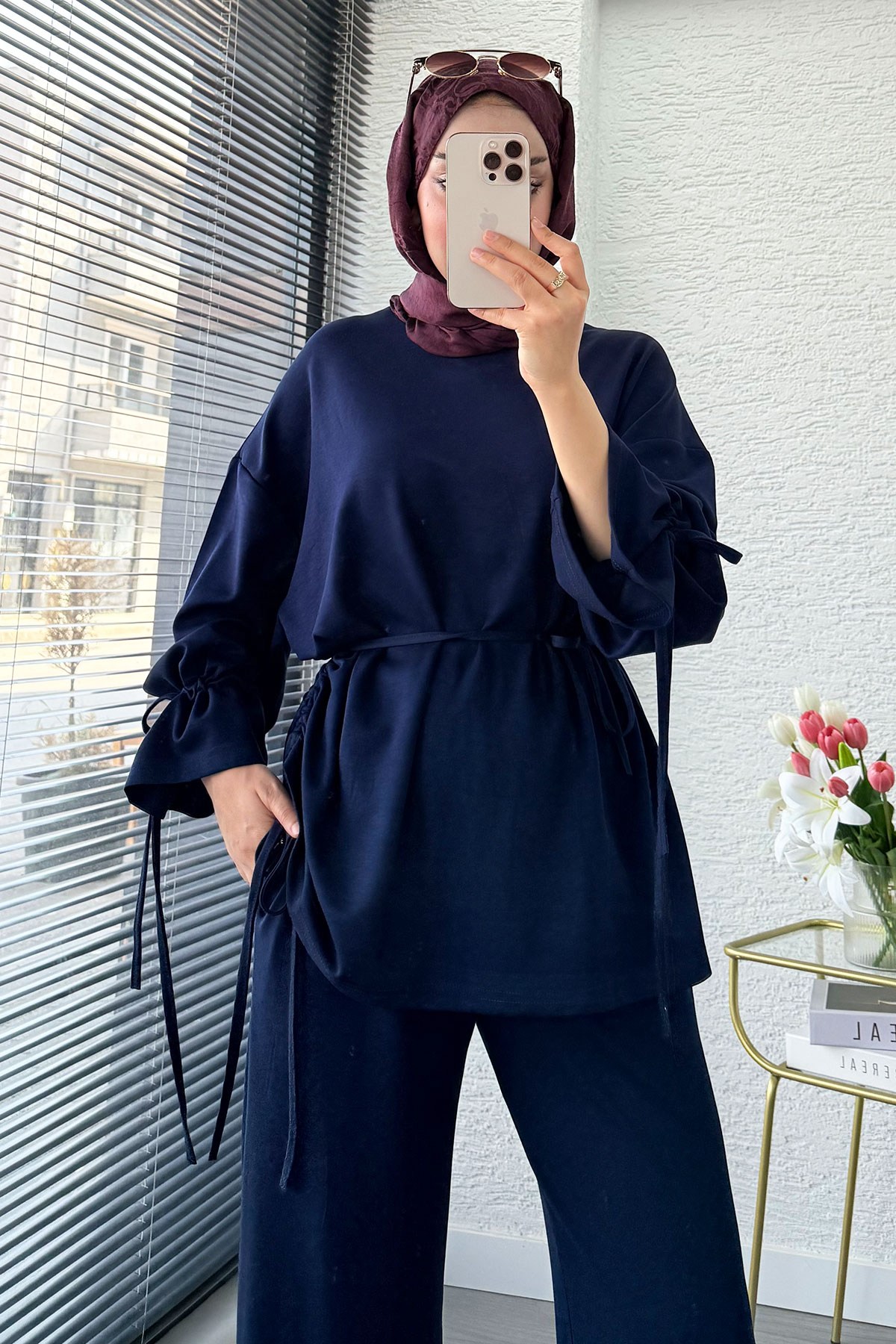 Premium Büzgü Detaylı Double Face Pantolon Takım - Lacivert