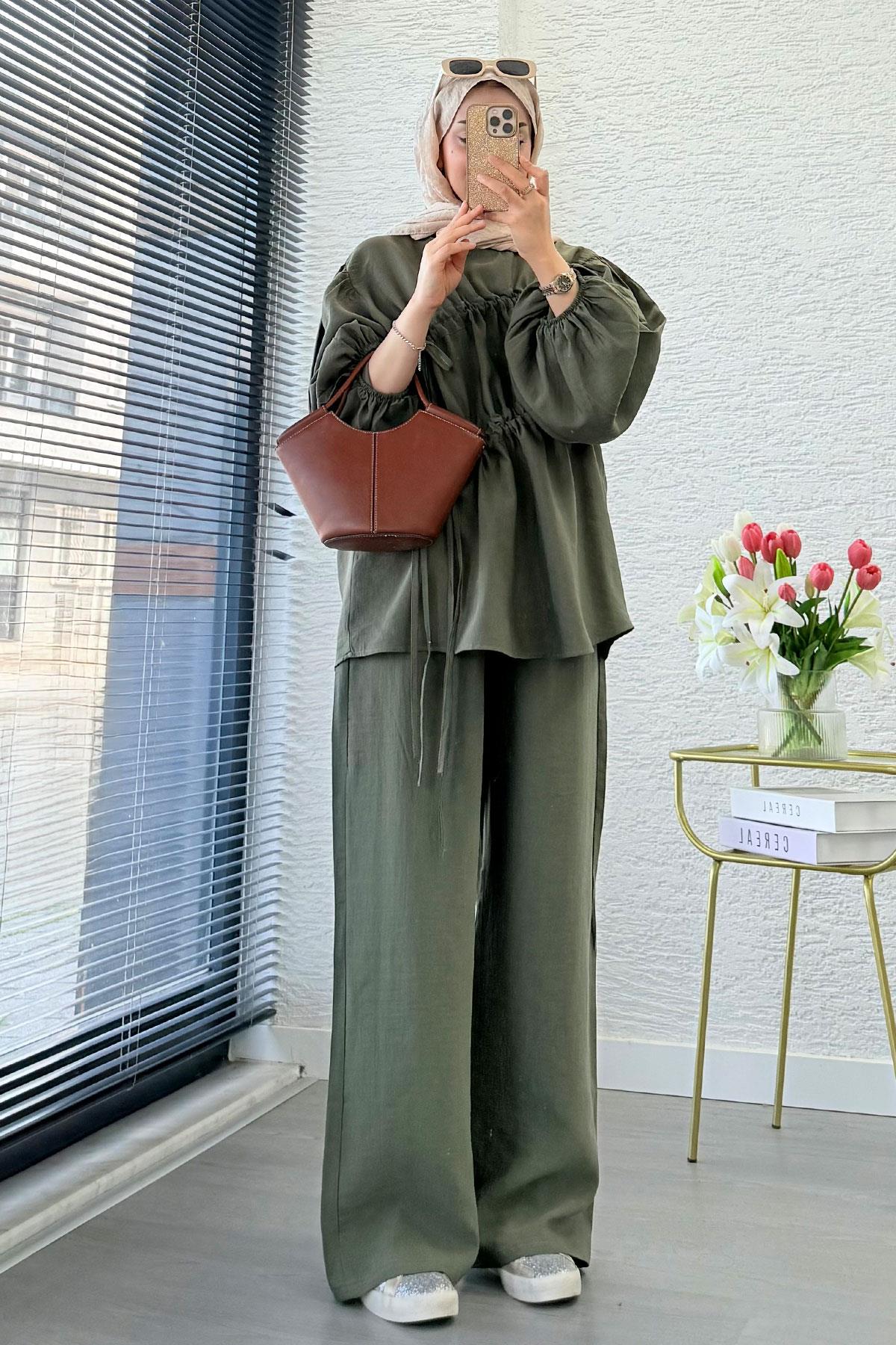 Premium Büzgü Detaylı Modal Takım – Haki
