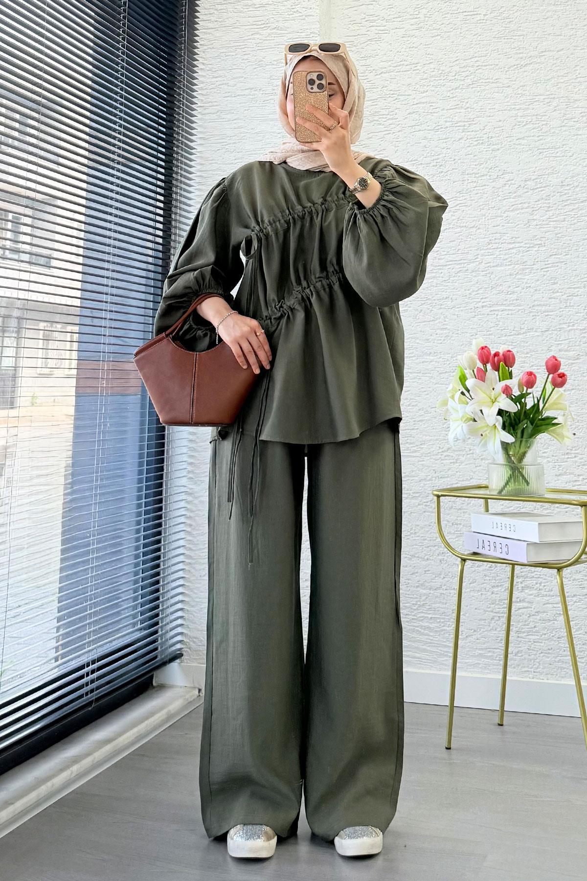 Premium Büzgü Detaylı Modal Takım – Haki
