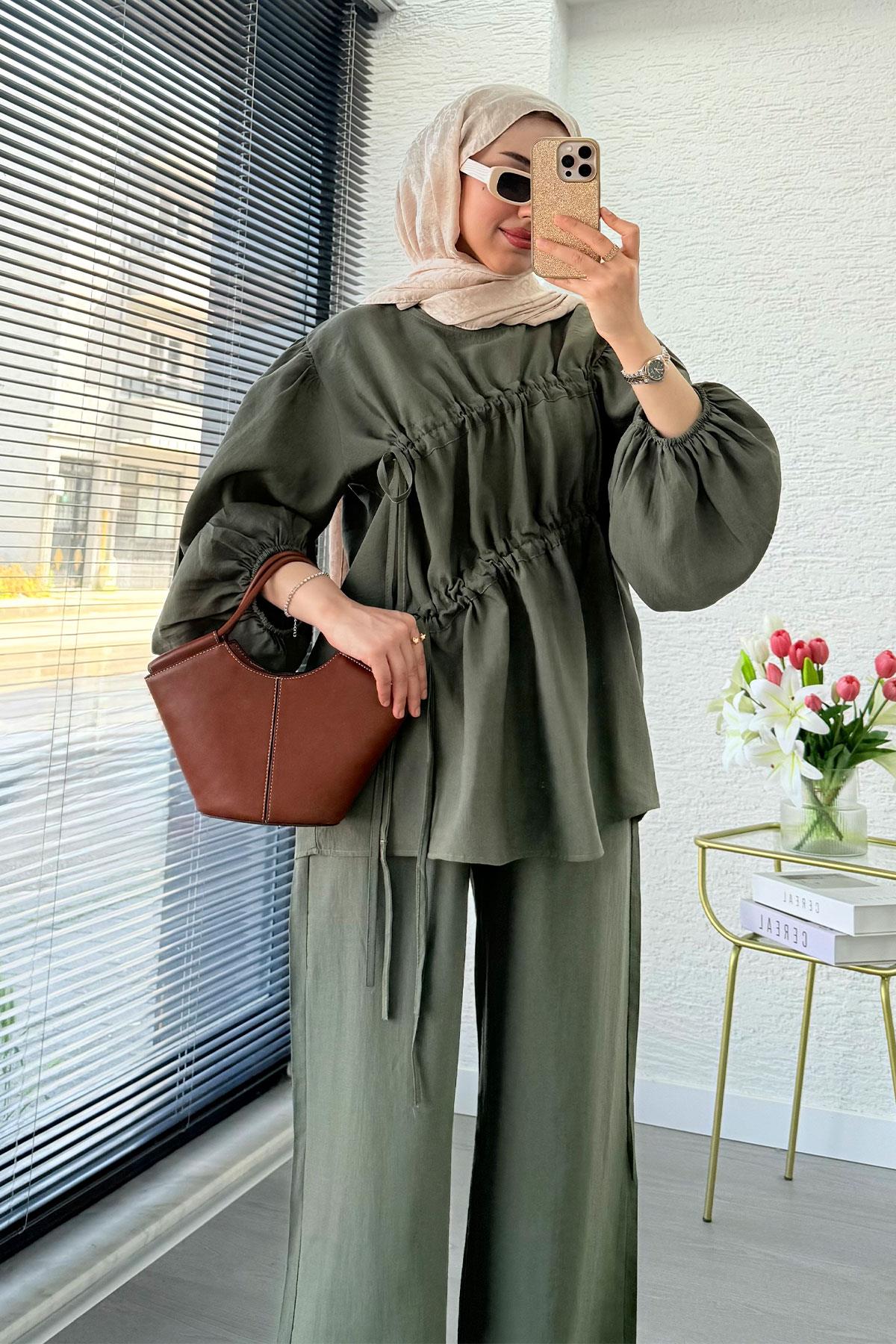Premium Büzgü Detaylı Modal Takım – Haki