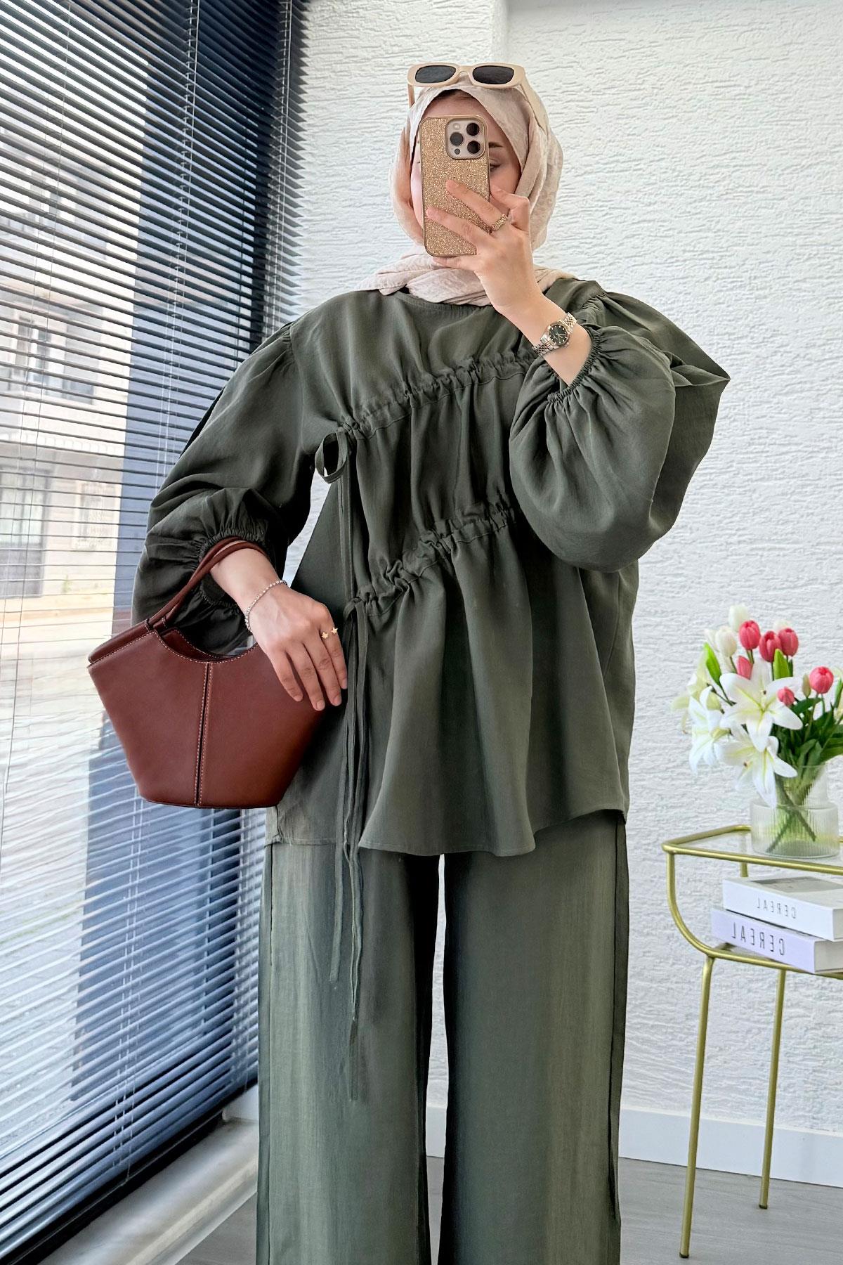 Premium Büzgü Detaylı Modal Takım – Haki