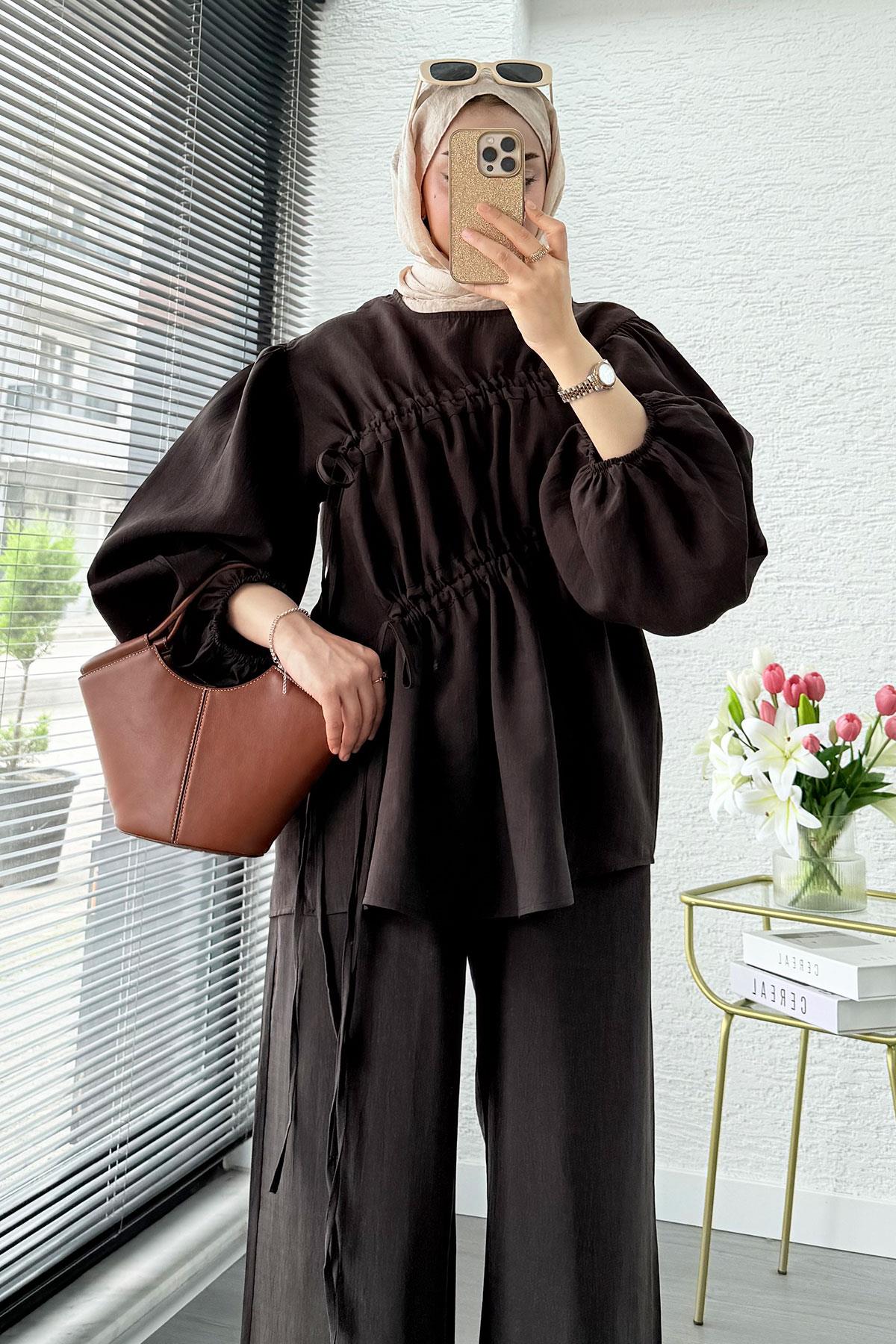 Premium Büzgü Detaylı Modal Takım – Kahverengi