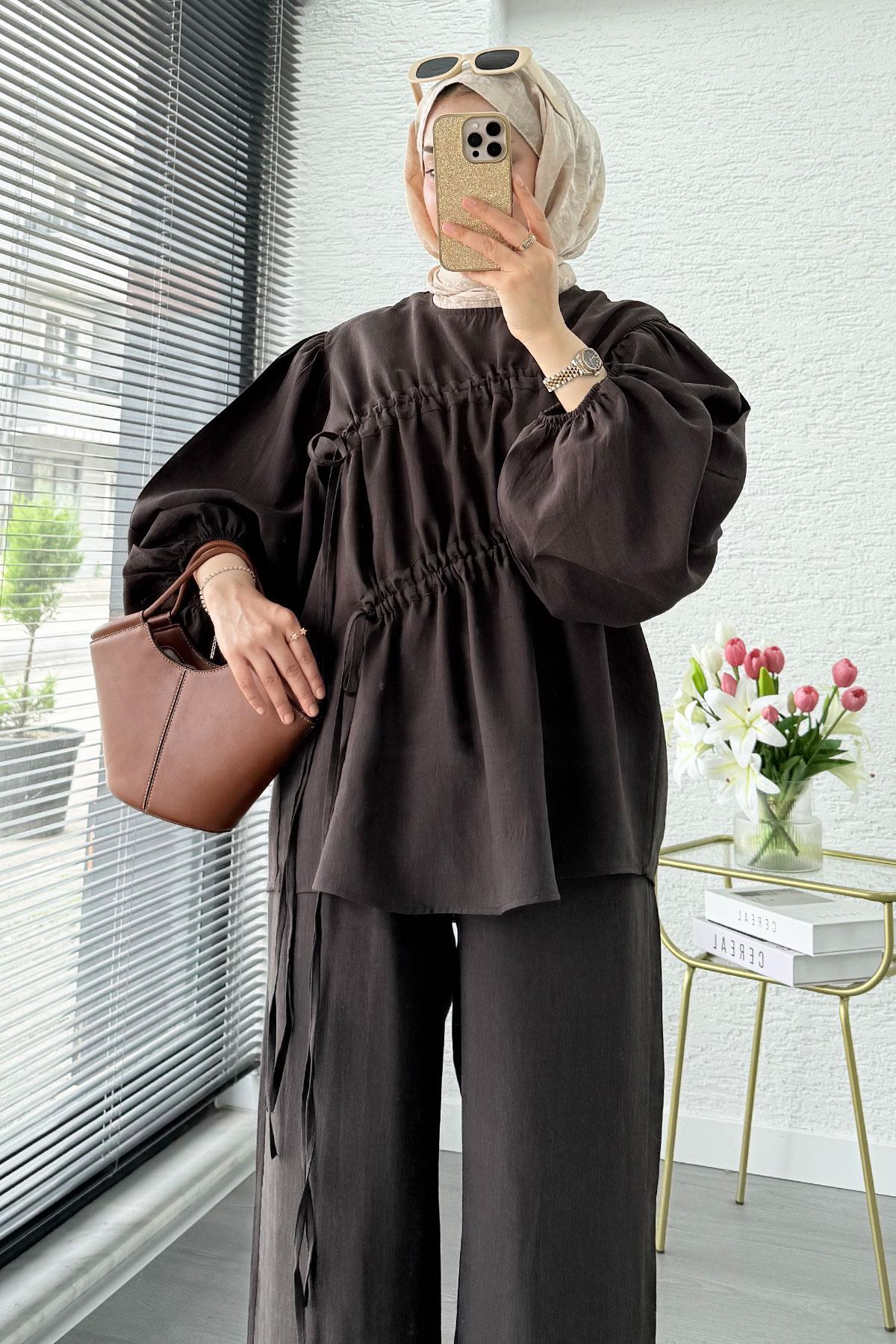 Premium Büzgü Detaylı Modal Takım – Kahverengi