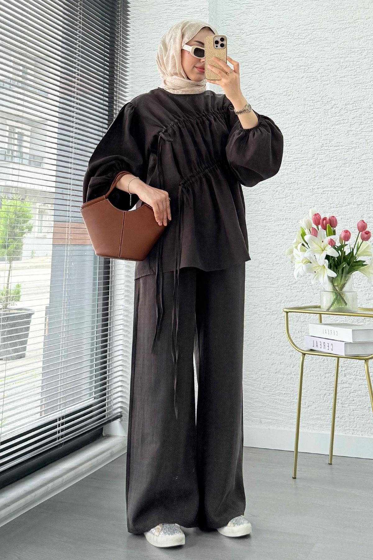 Premium Büzgü Detaylı Modal Takım – Kahverengi