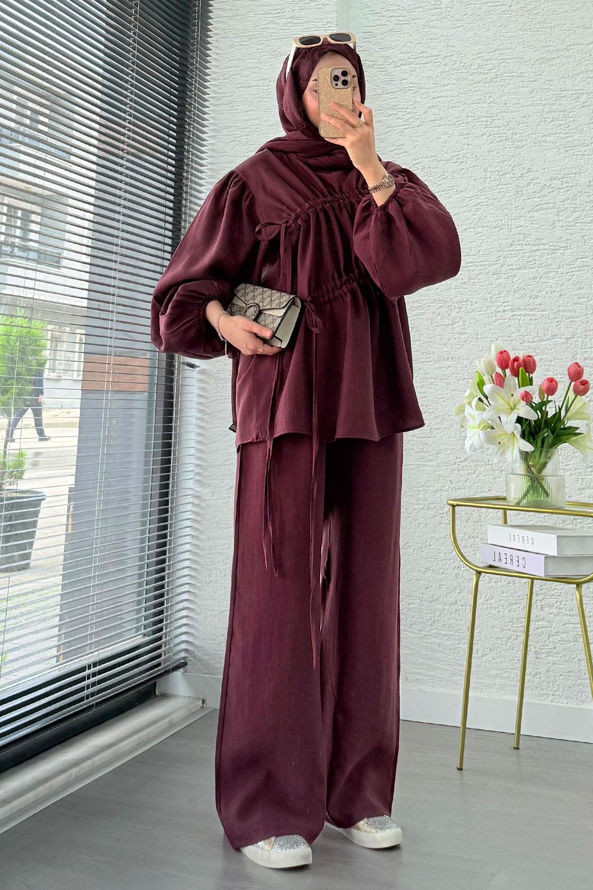 Premium Büzgü Detaylı Modal Takım – Mürdüm