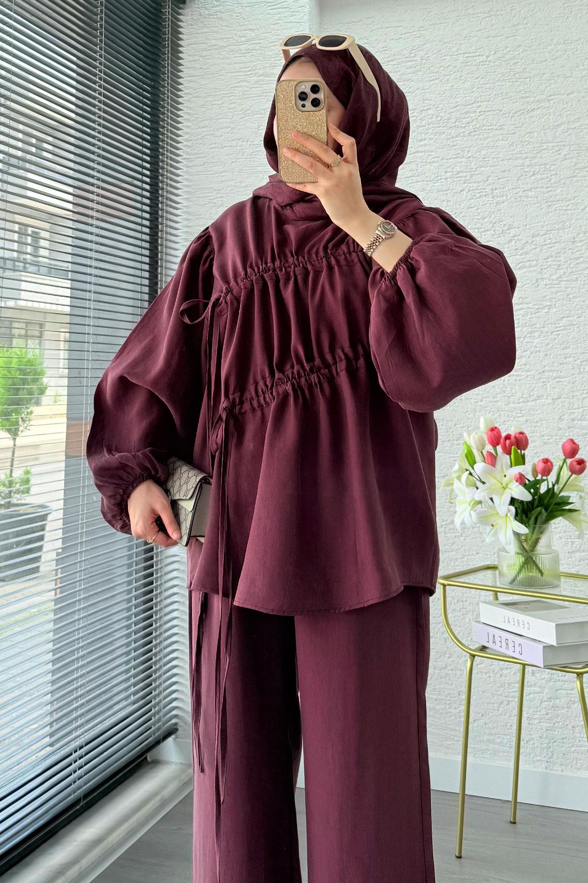 Premium Büzgü Detaylı Modal Takım – Mürdüm