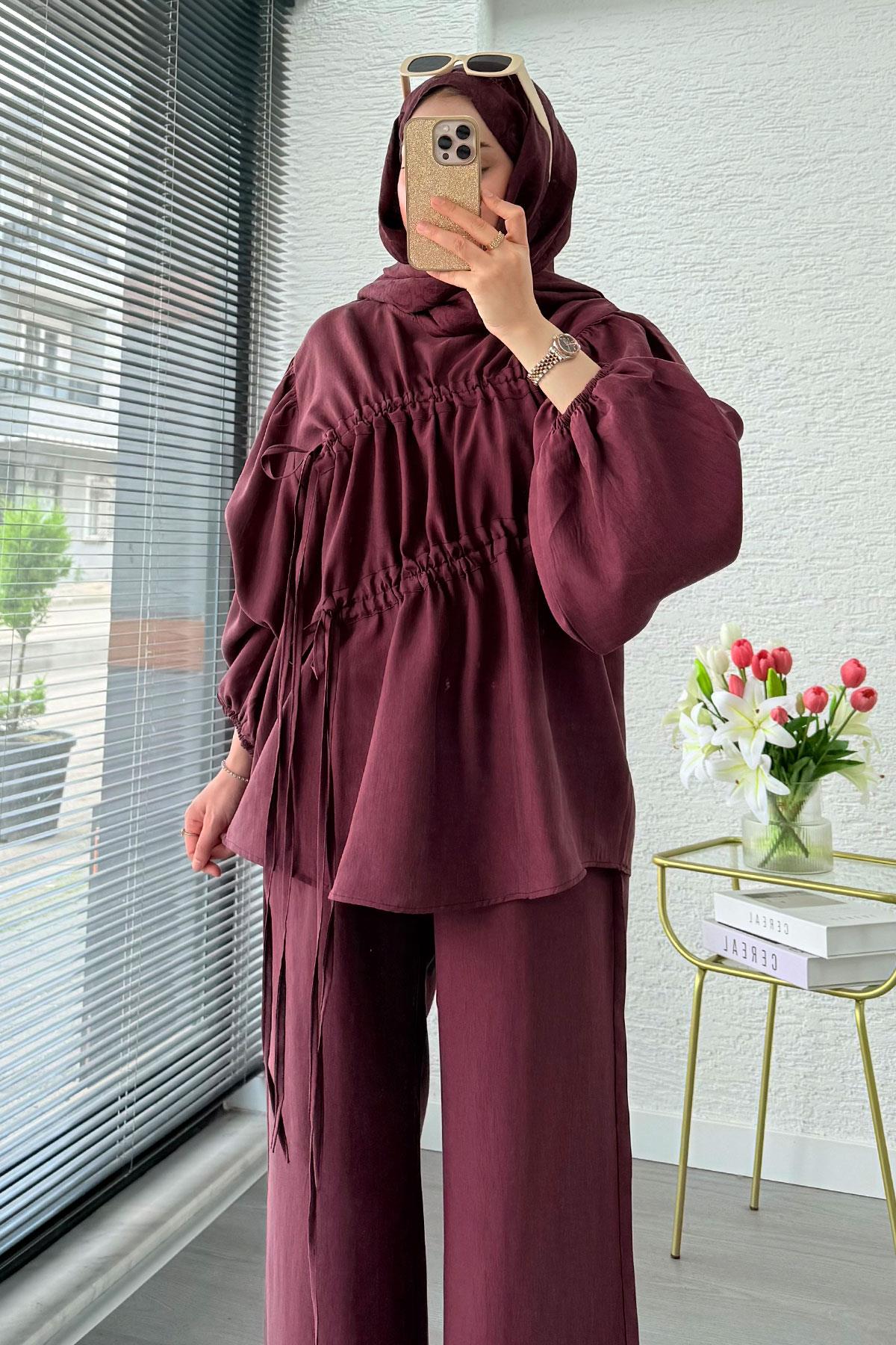 Premium Büzgü Detaylı Modal Takım – Mürdüm