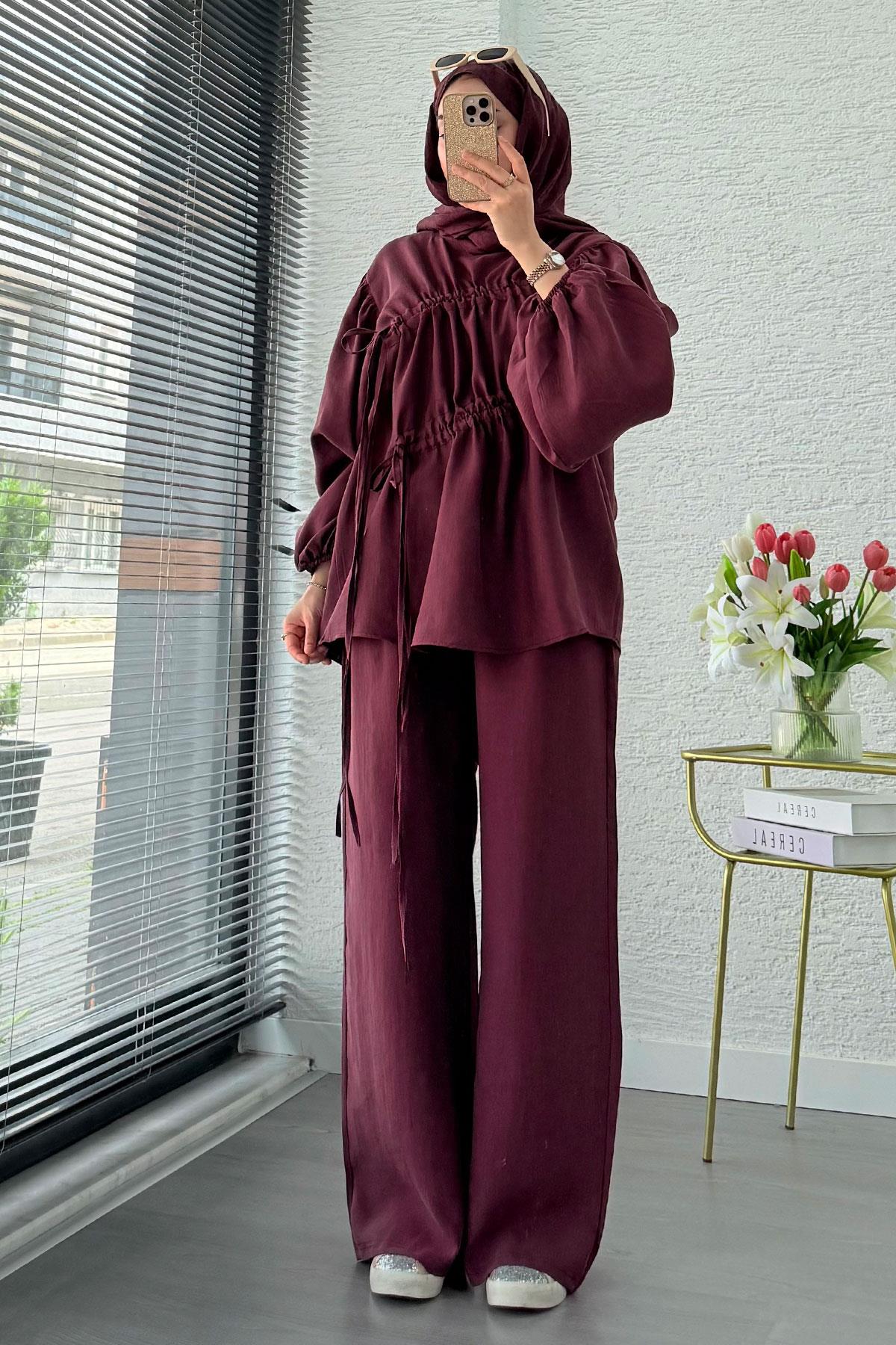 Premium Büzgü Detaylı Modal Takım – Mürdüm