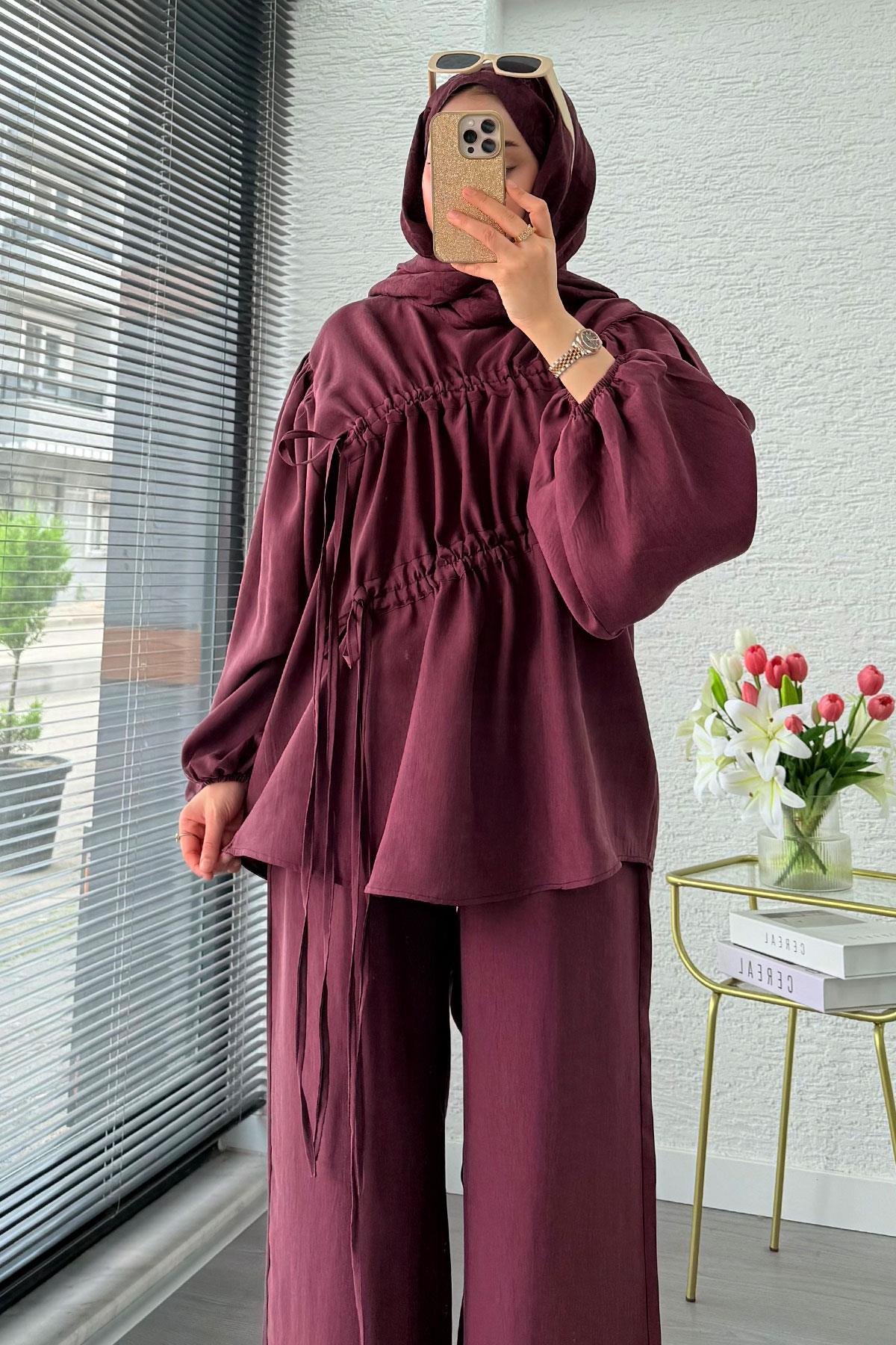 Premium Büzgü Detaylı Modal Takım – Mürdüm