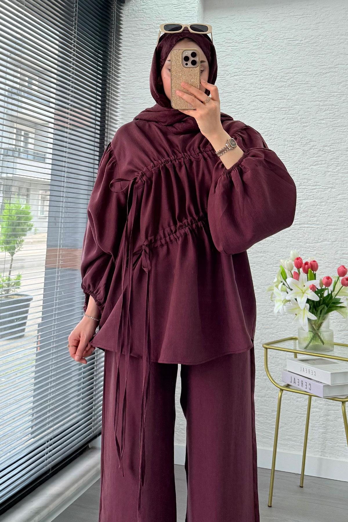 Premium Büzgü Detaylı Modal Takım – Mürdüm
