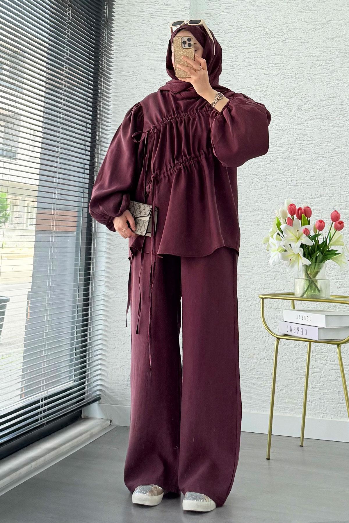 Premium Büzgü Detaylı Modal Takım – Mürdüm