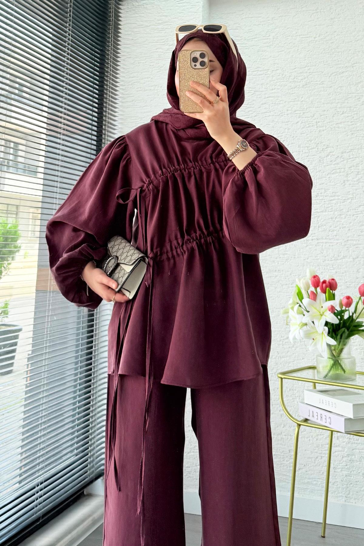 Premium Büzgü Detaylı Modal Takım – Mürdüm