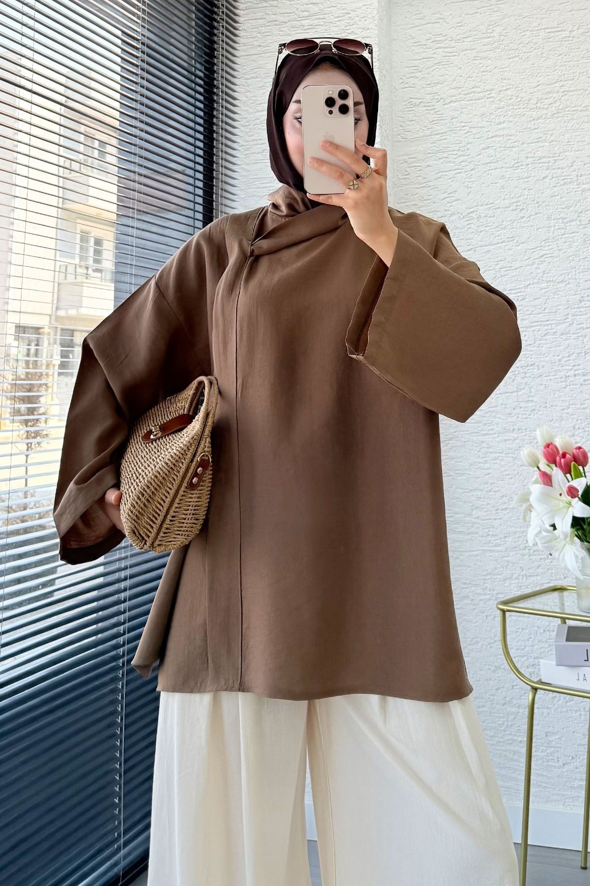 Premıum Çapraz Fular Detaylı Modal Bluz - Camel