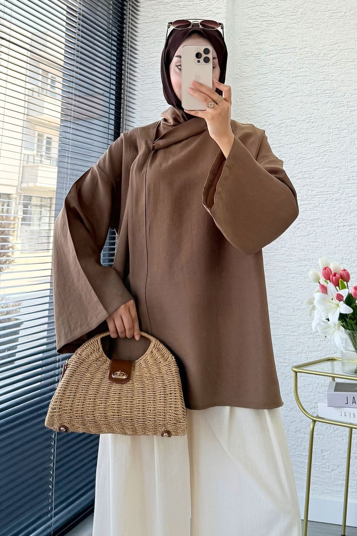 Premıum Çapraz Fular Detaylı Modal Bluz - Camel