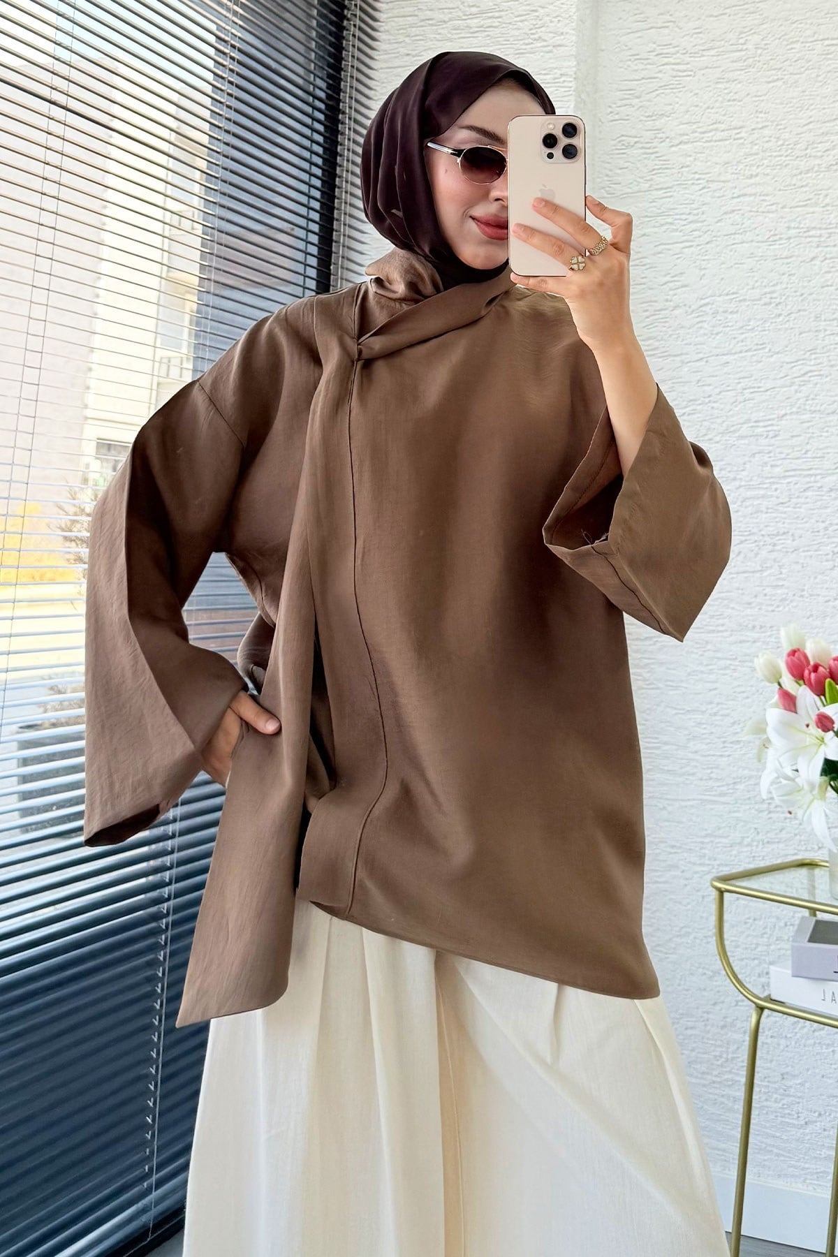 Premıum Çapraz Fular Detaylı Modal Bluz - Camel