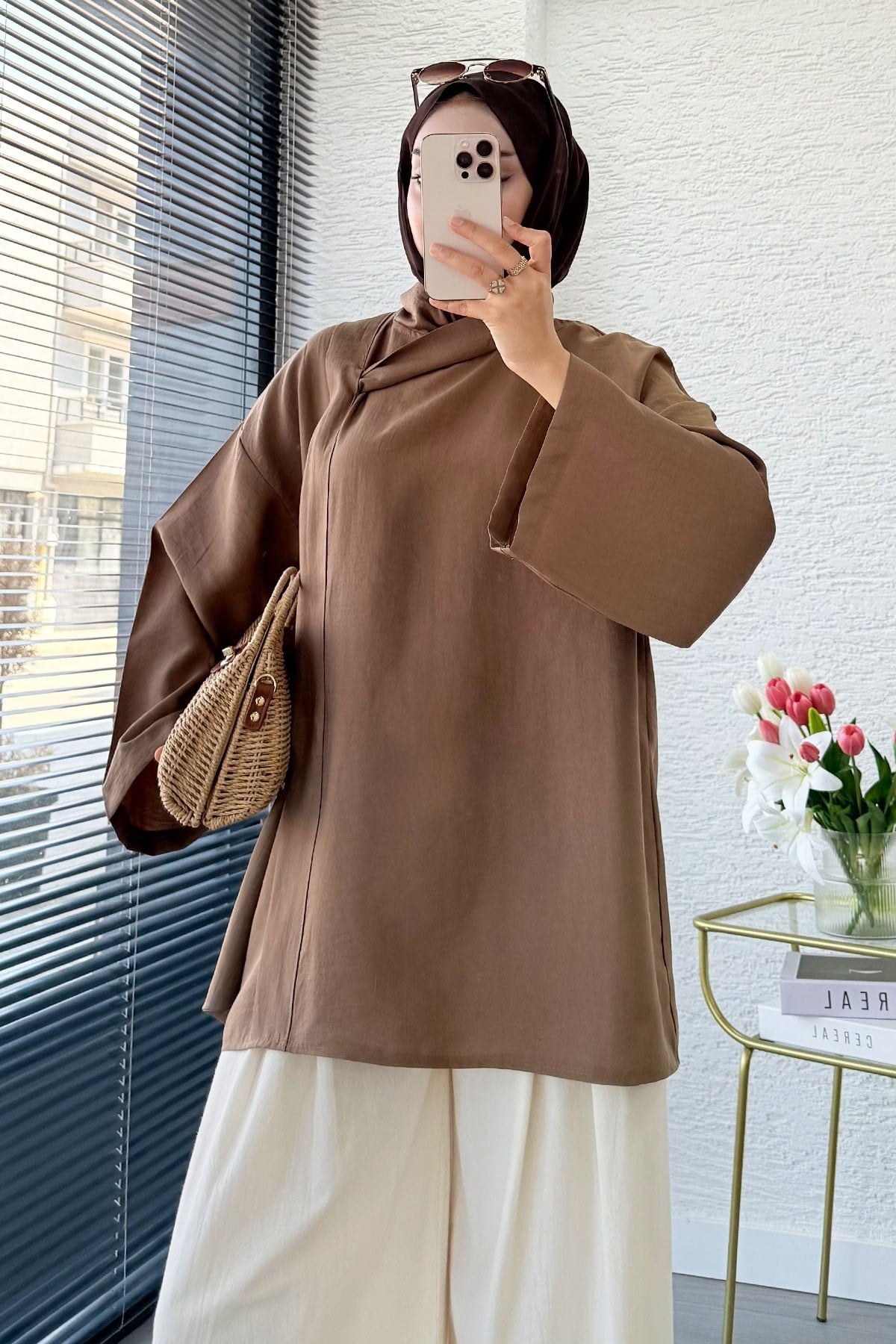 Premıum Çapraz Fular Detaylı Modal Bluz - Camel