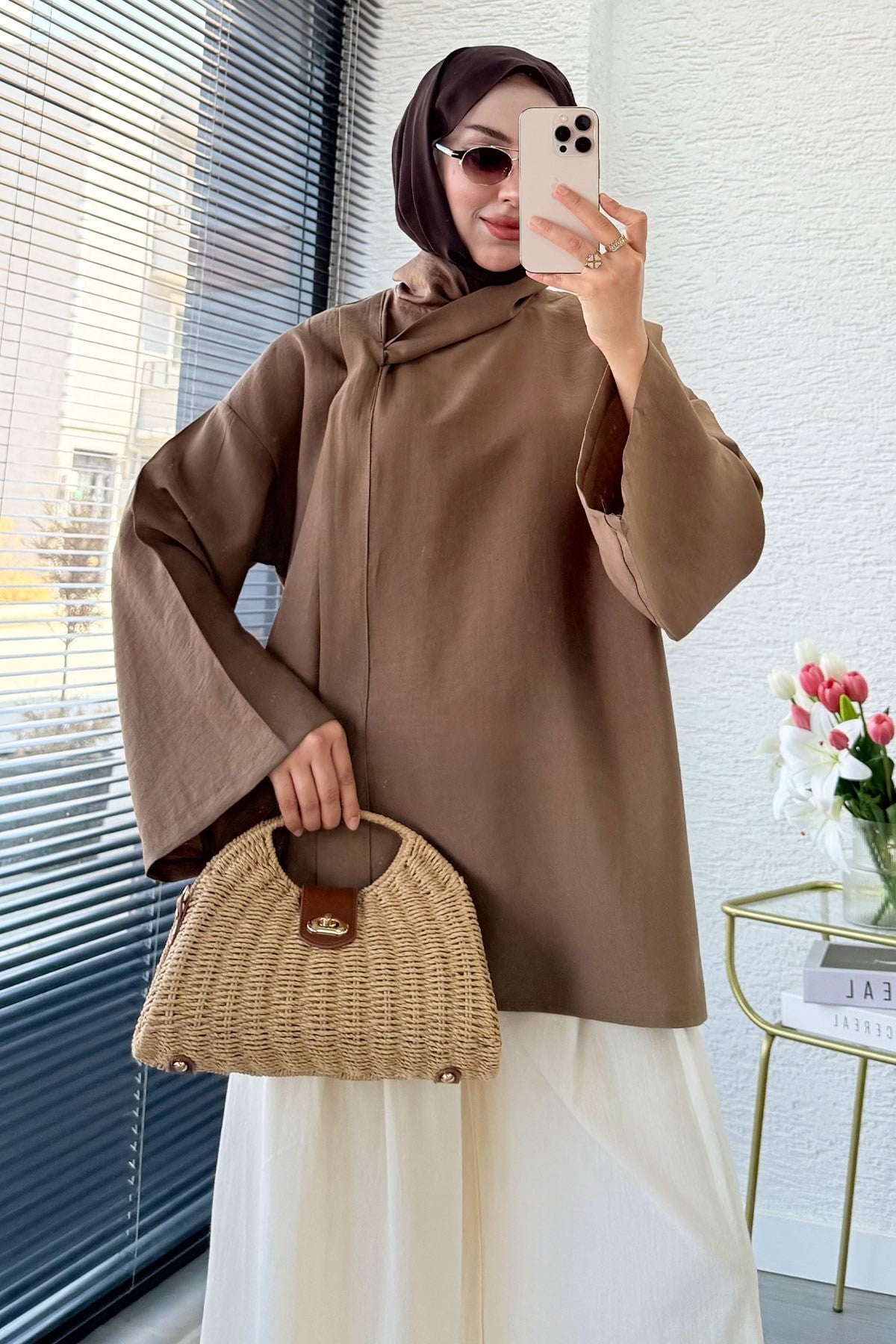 Premıum Çapraz Fular Detaylı Modal Bluz - Camel