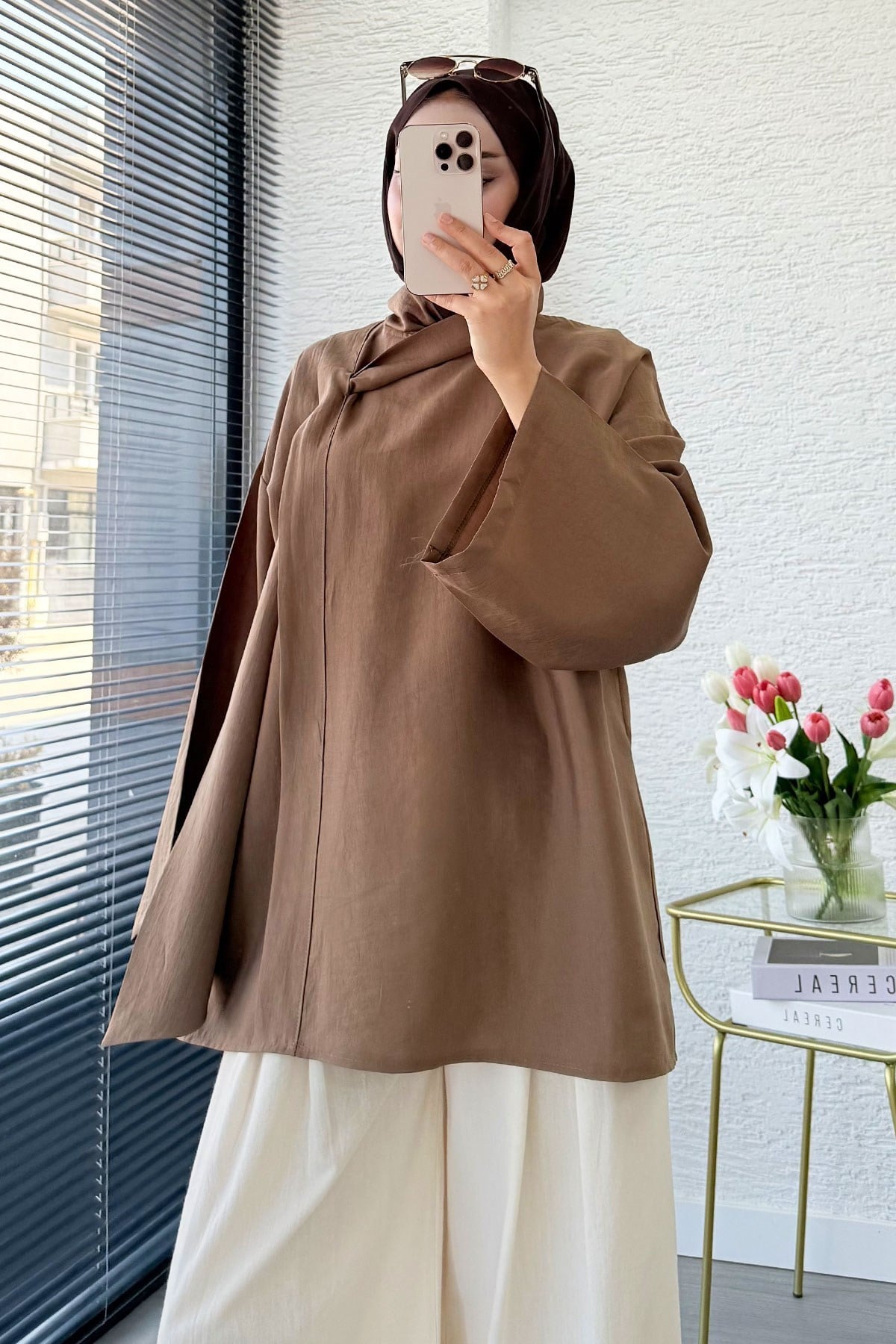 Premıum Çapraz Fular Detaylı Modal Bluz - Camel