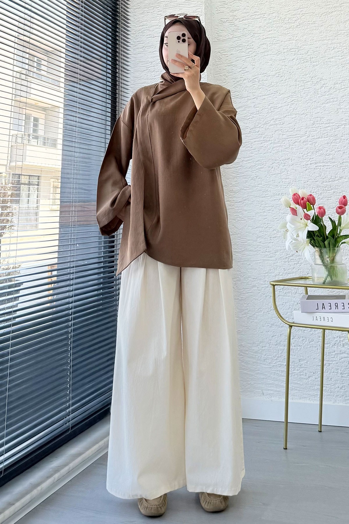 Premıum Çapraz Fular Detaylı Modal Bluz - Camel