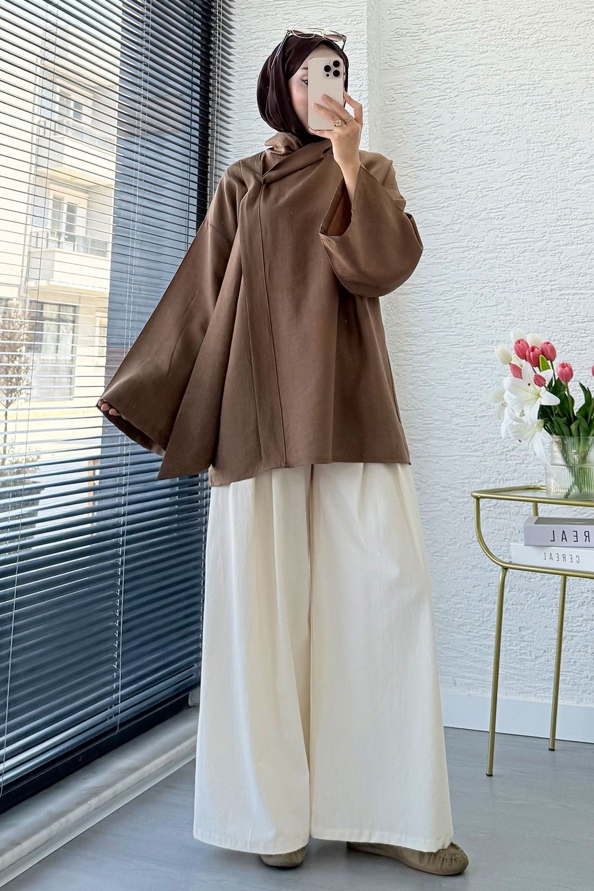 Premıum Çapraz Fular Detaylı Modal Bluz - Camel