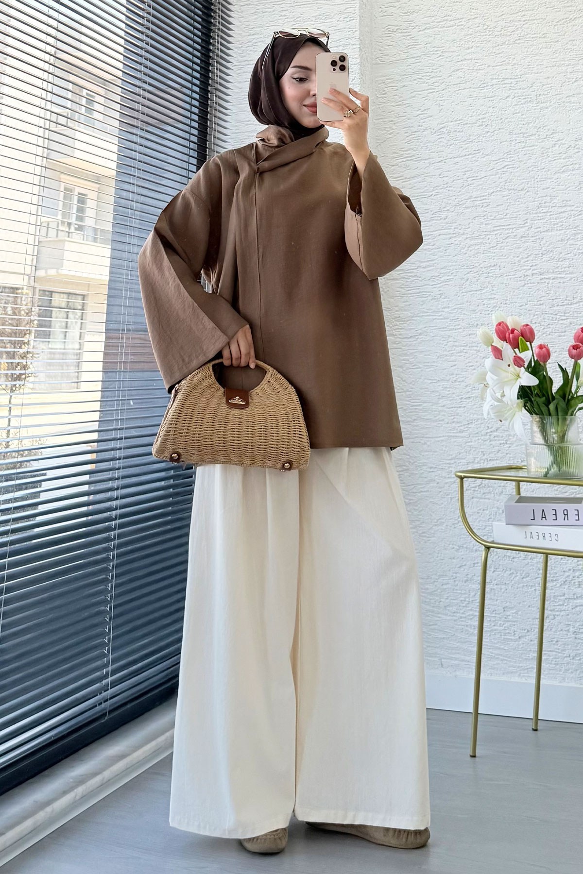 Premıum Çapraz Fular Detaylı Modal Bluz - Camel