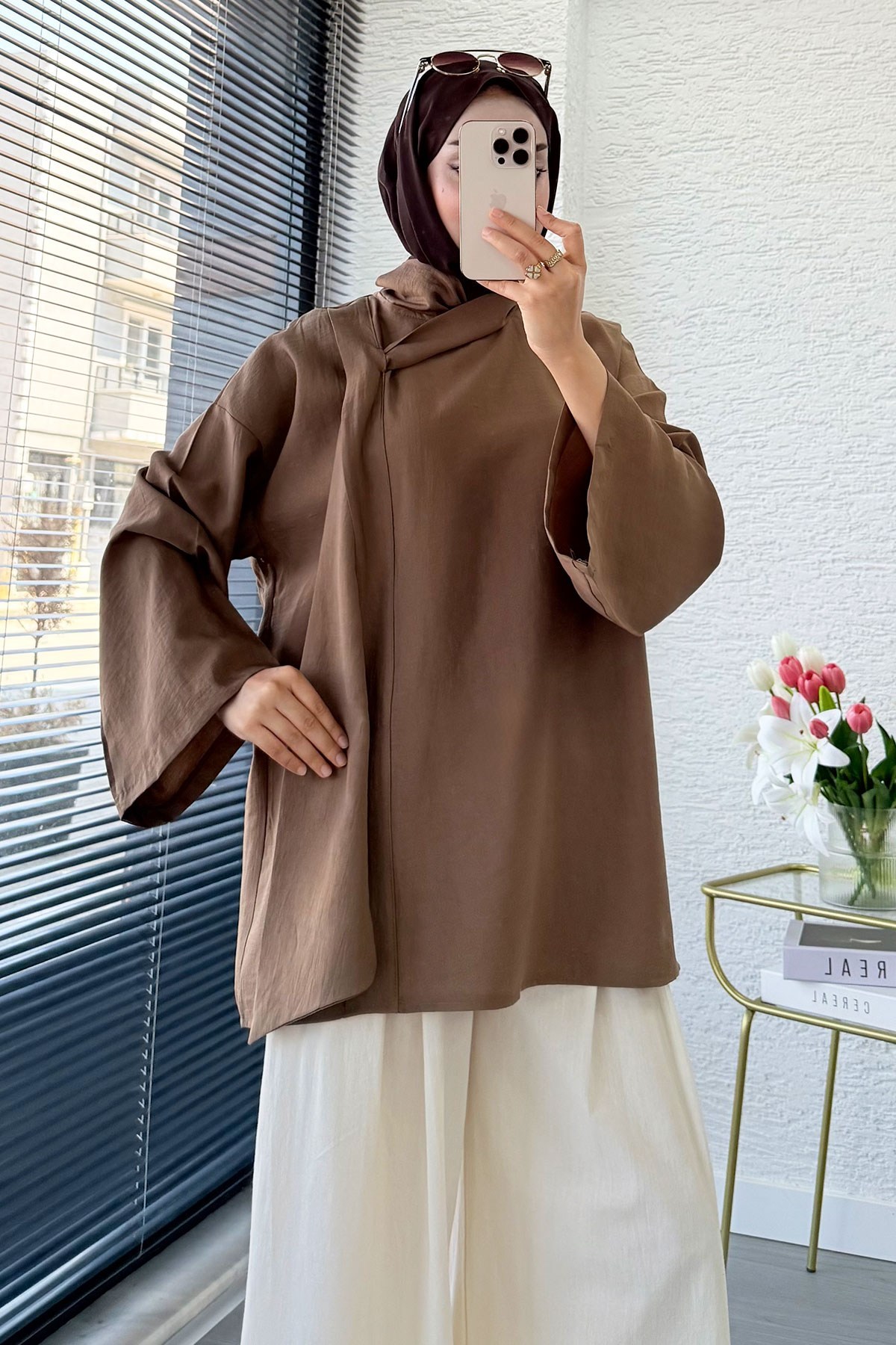 Premıum Çapraz Fular Detaylı Modal Bluz - Camel