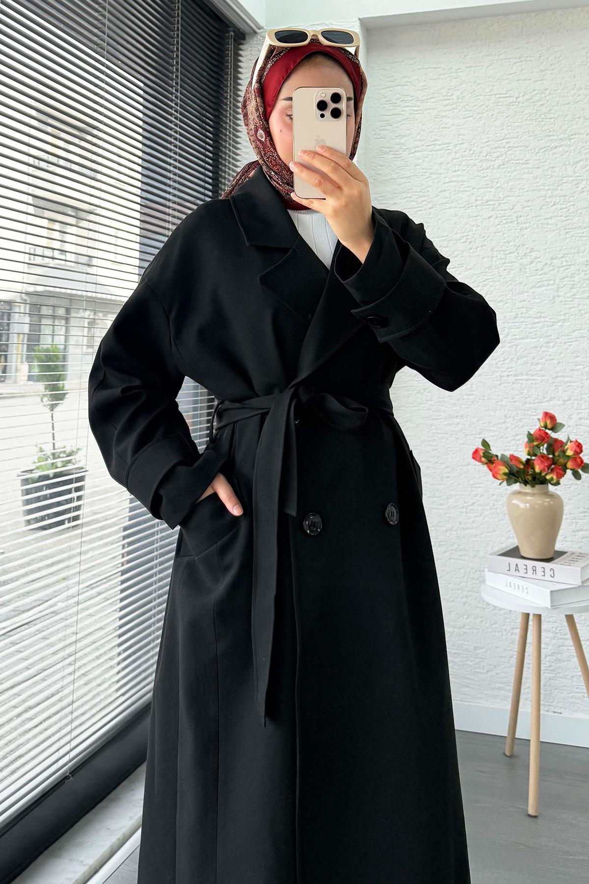 Premium Cepli Oversize Kadın Trençkot – Siyah