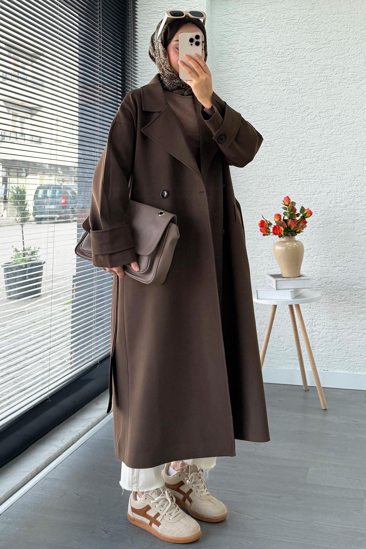 Premium Cepli Oversize Kadın Trençkot – Kahverengi